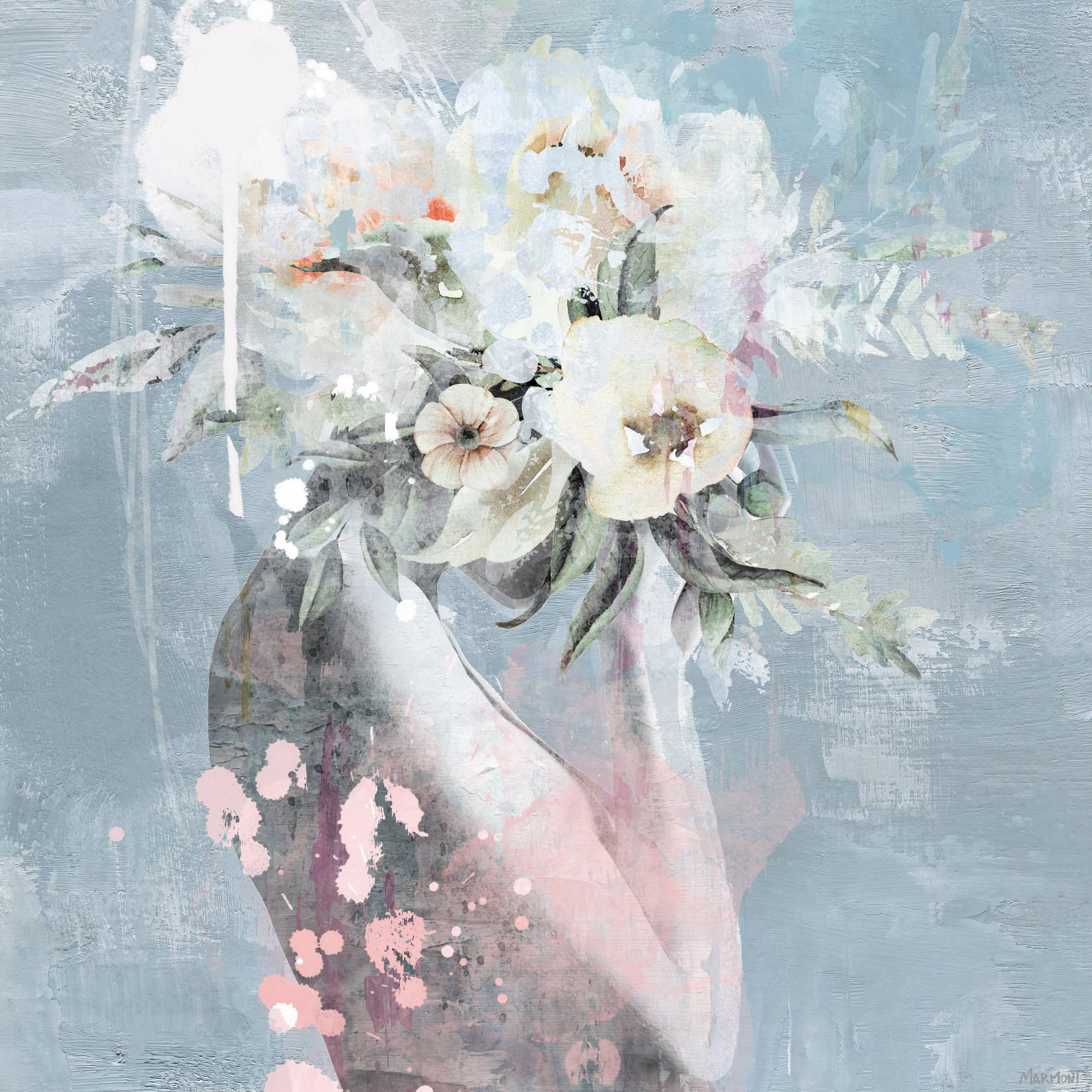 Modern Abstract Floral Canvas Wall Art in Blue and Pink, 12" x 12"