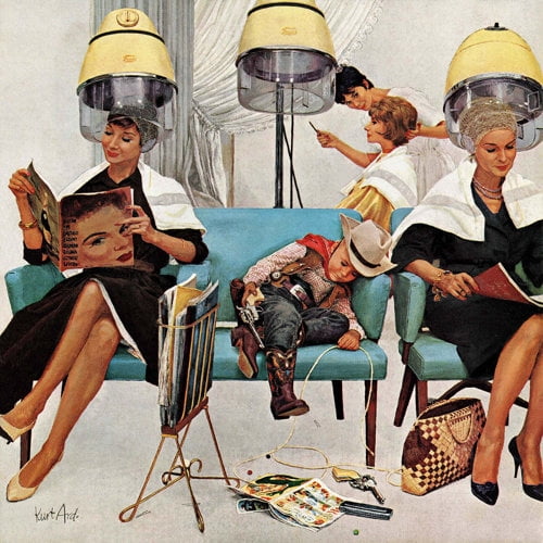 Marmont Hill "Cowboy Asleep in Beauty Salon" by Kurt Ard Painting Print on Canvas