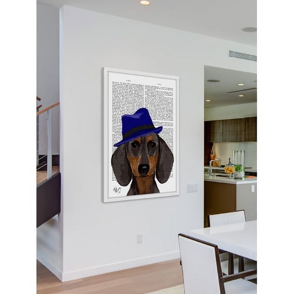White Framed Dachshund Print with Blue Hat, 30" x 45"