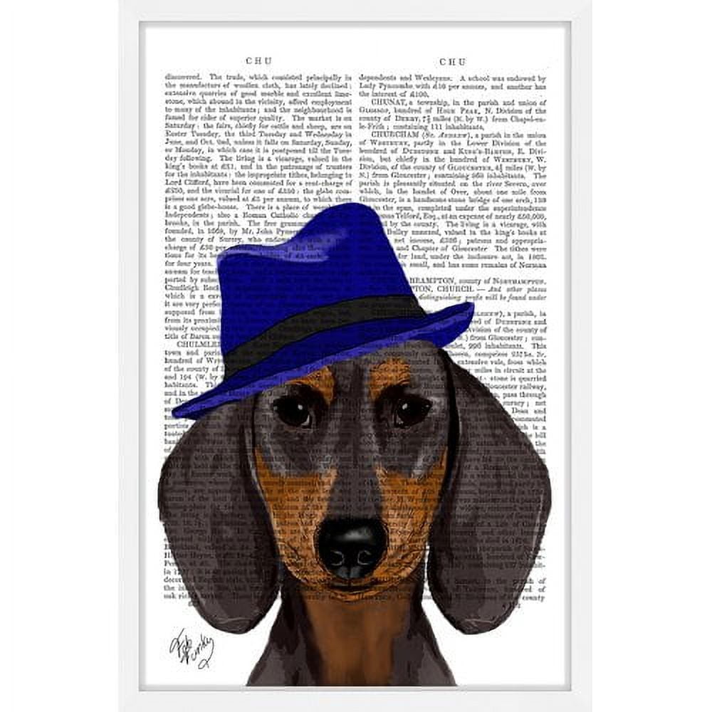 White Framed Dachshund Print on Canvas with Blue Hat