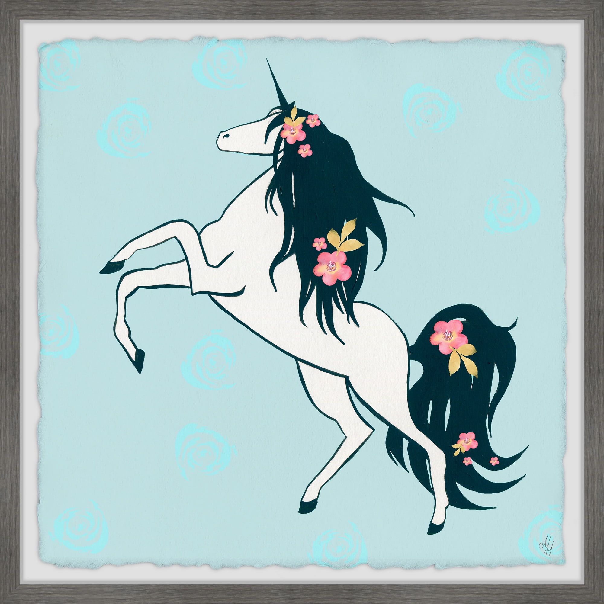 Marmont Hill Dark Floral Hair Unicorn Framed Wall Art, 12.00" x 1.50"