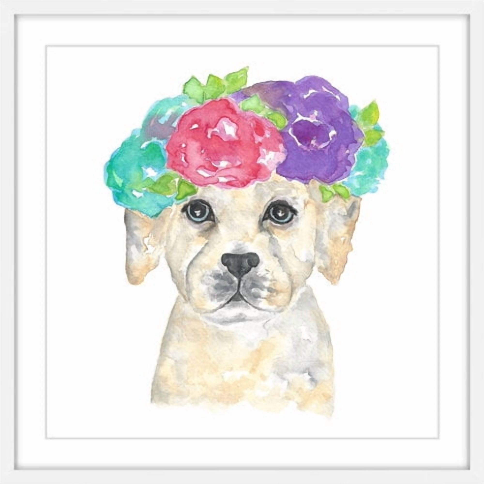 Marmont Hill "Dog with Flower Crown" by Thimble Sparrow Framed Painting Print