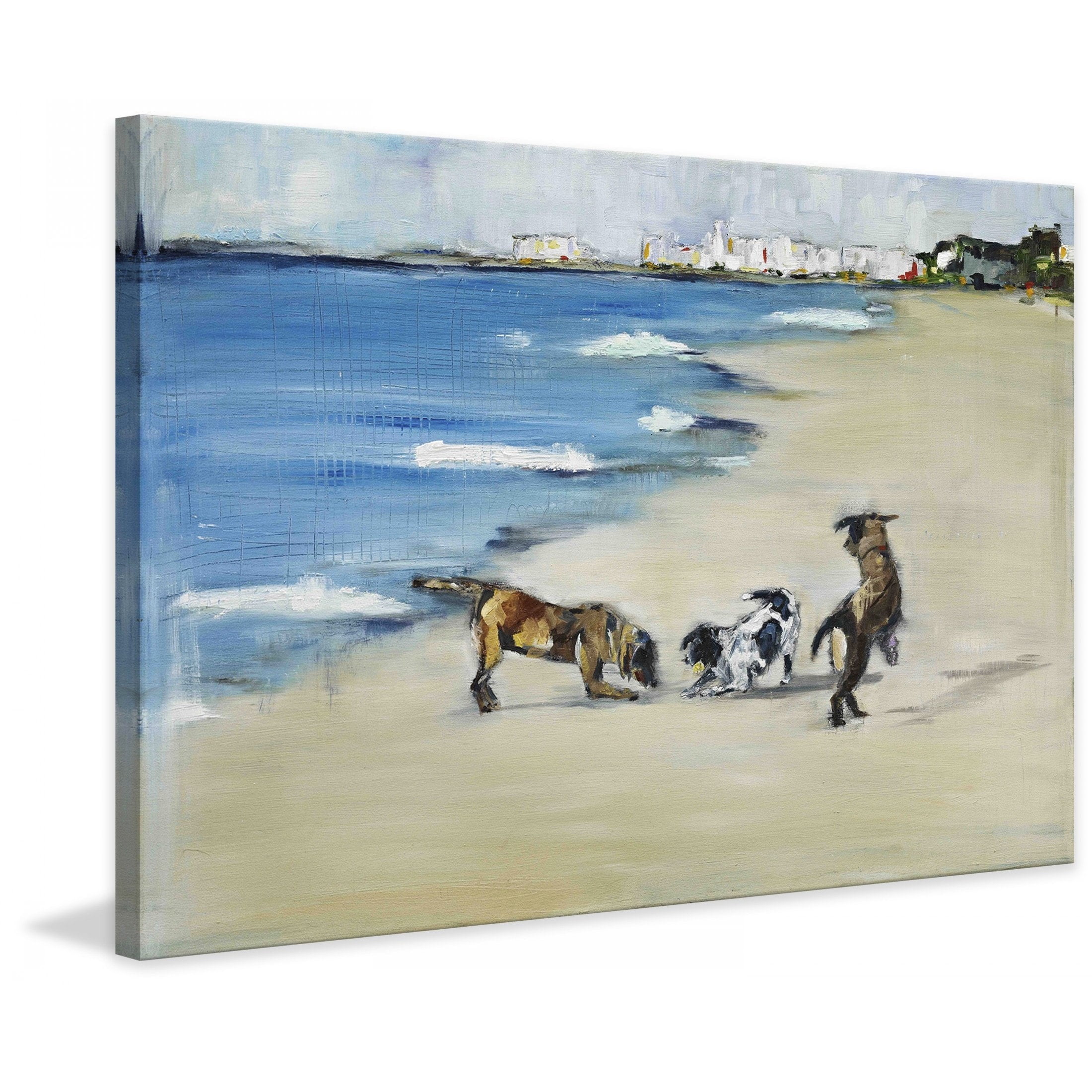 Large Blue and Beige Canvas Wall Art with Dogs on Beach
