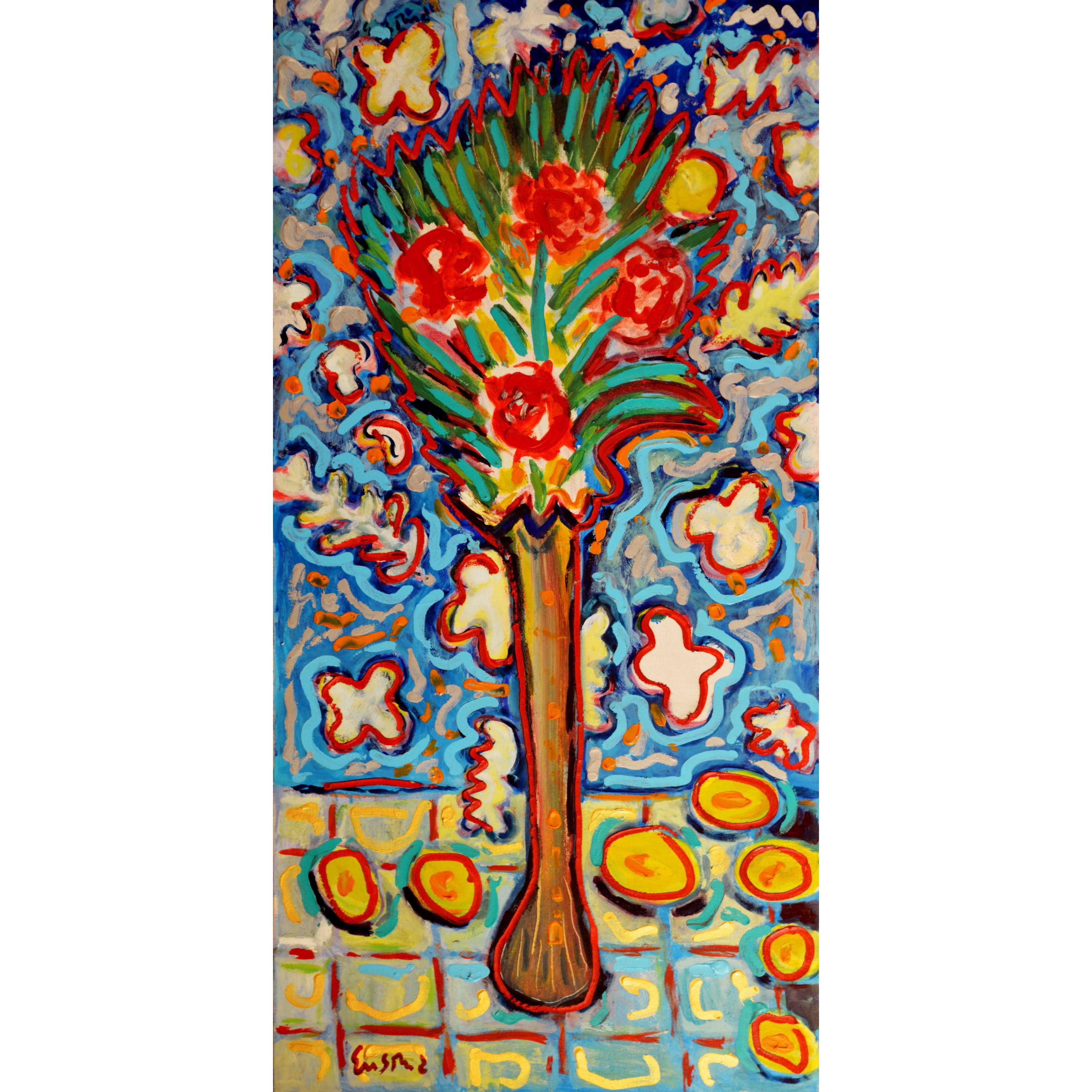 MARMONT HILL  - 'Roses in Long Vase' by Michael Woodward Painting Print on Canvas - Multi-Color 12 x 24