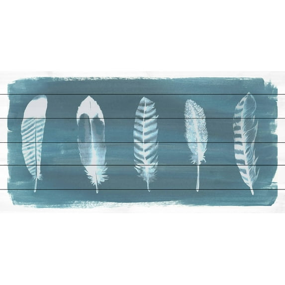 Marmont Hill Feathers on Dusty Teal II White Wood Wall Art, 22.5" x 45"