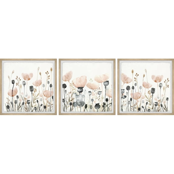 Marmont Hill Field of Pink Flowers Triptych, 12" x 36"