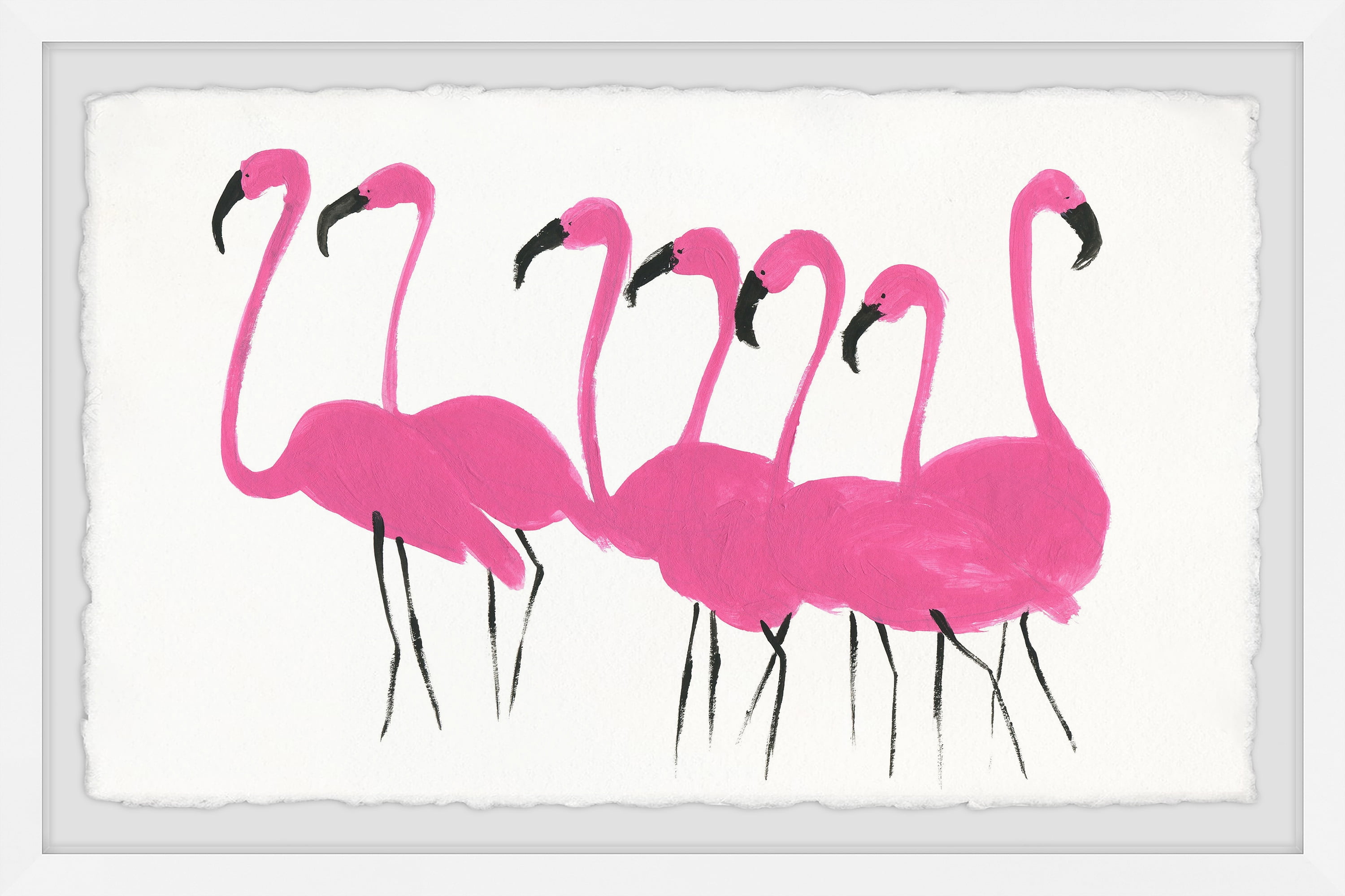 Handmade Pink Flamingo Print on Canvas with White Frame