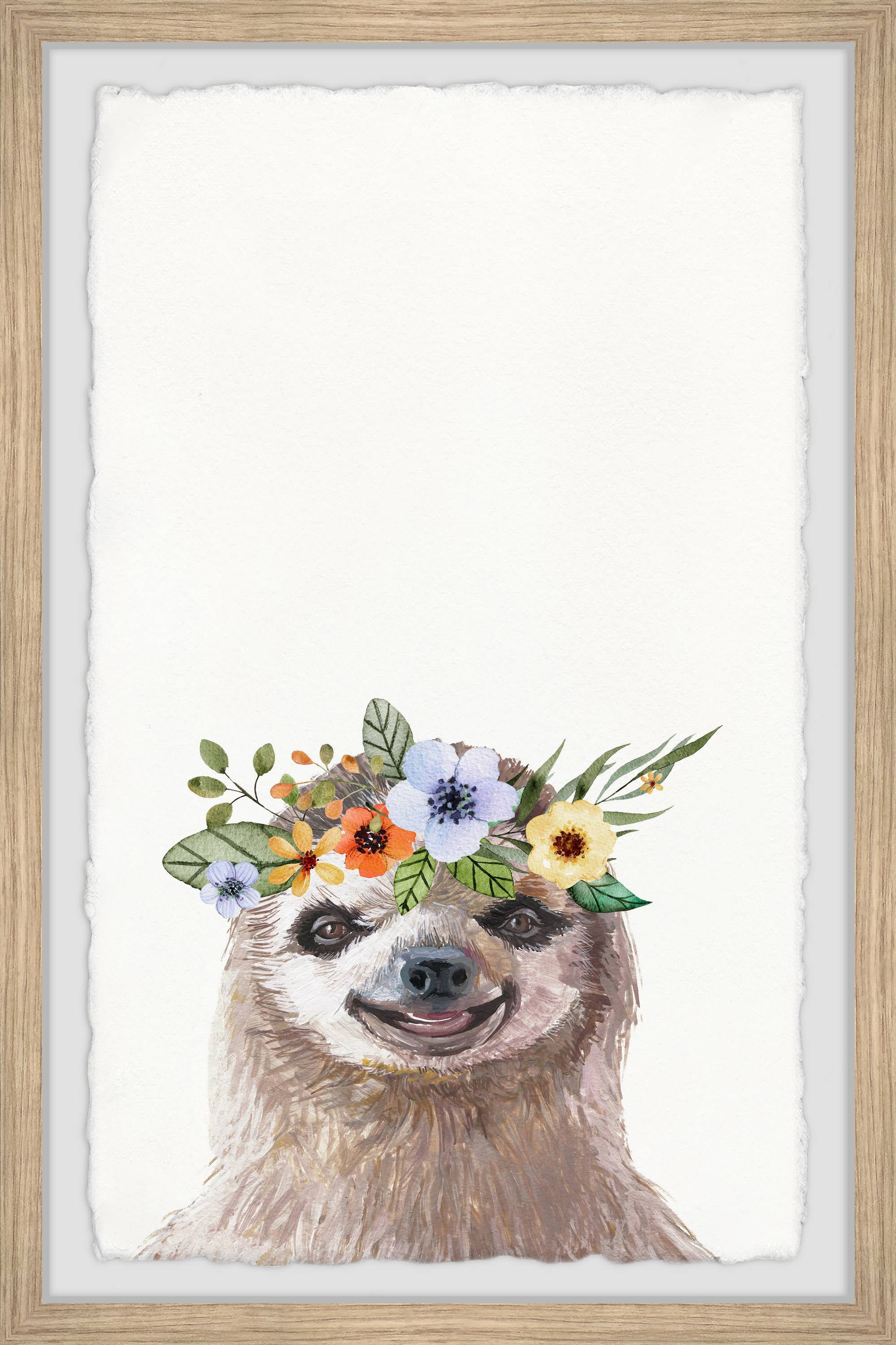 Floral Crowned Sloth Print in Natural Wood Frame