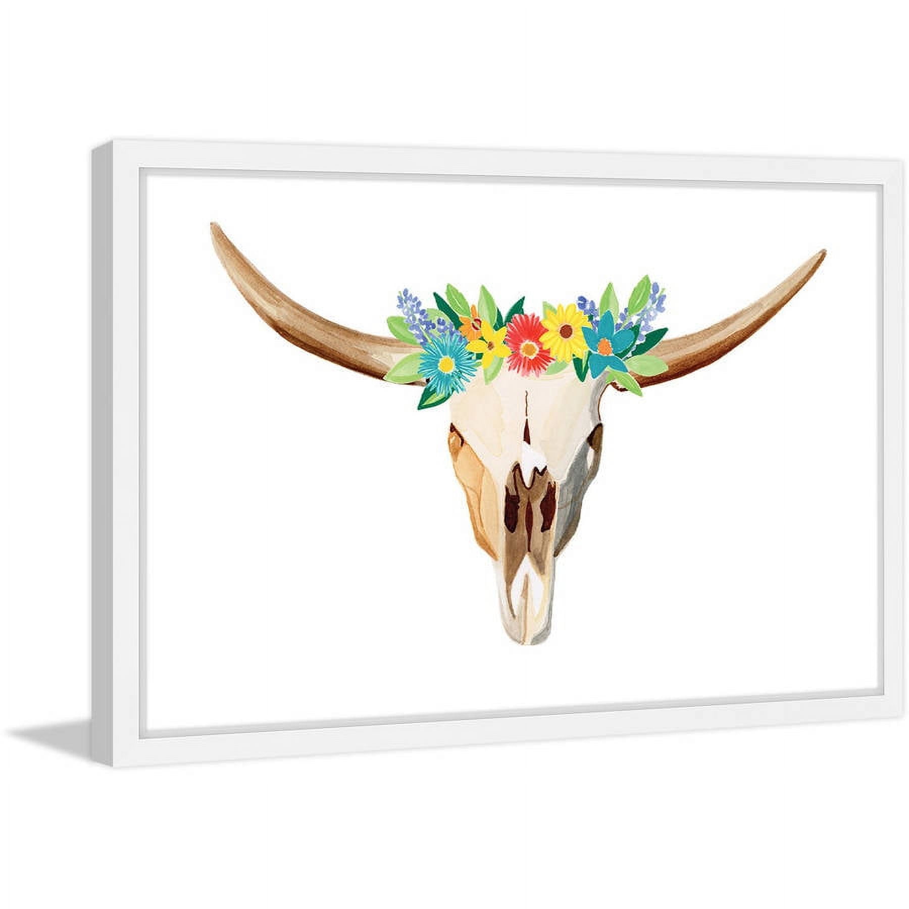 Floral Longhorn Canvas Print with White Frame