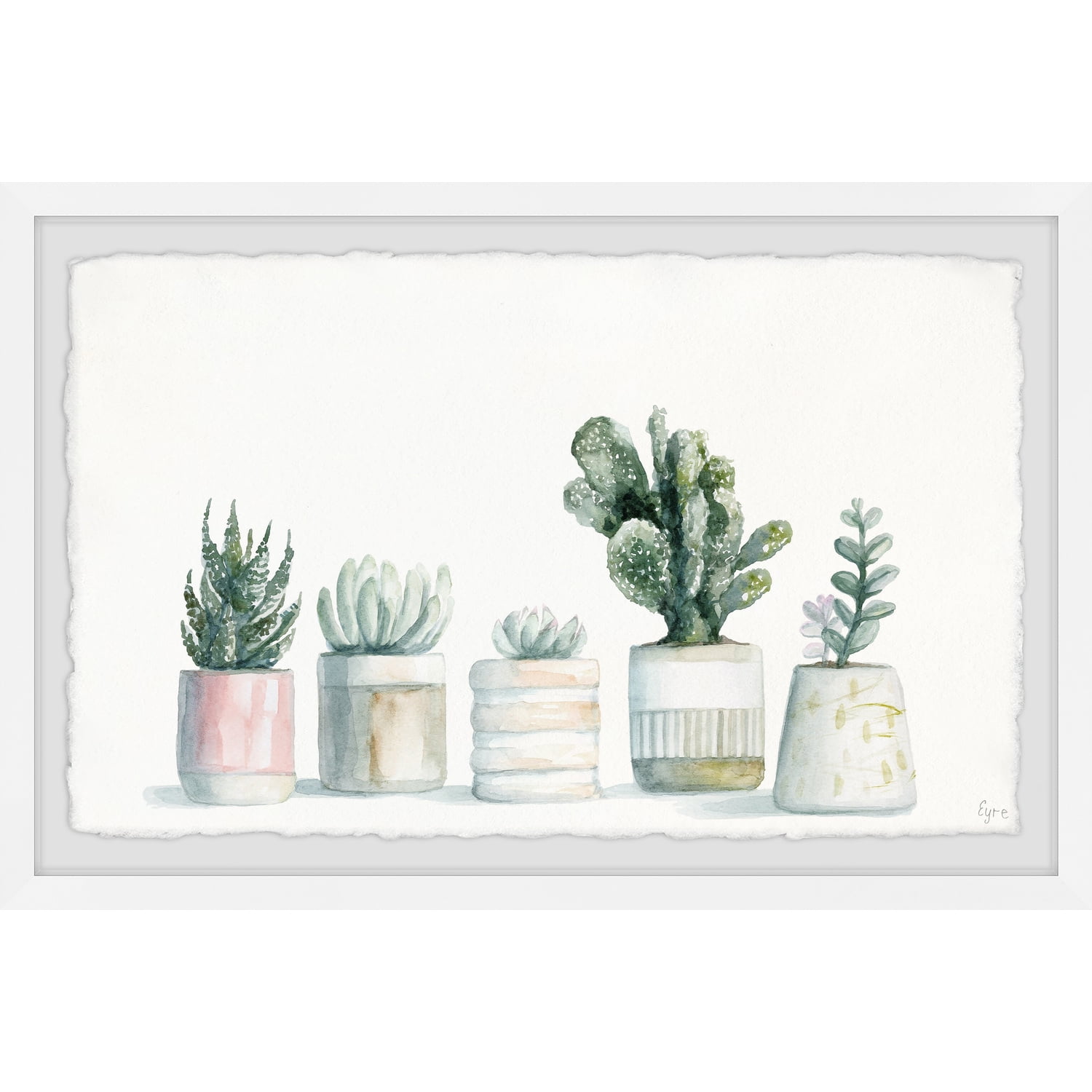 White Framed Watercolor Succulent Print for Nursery