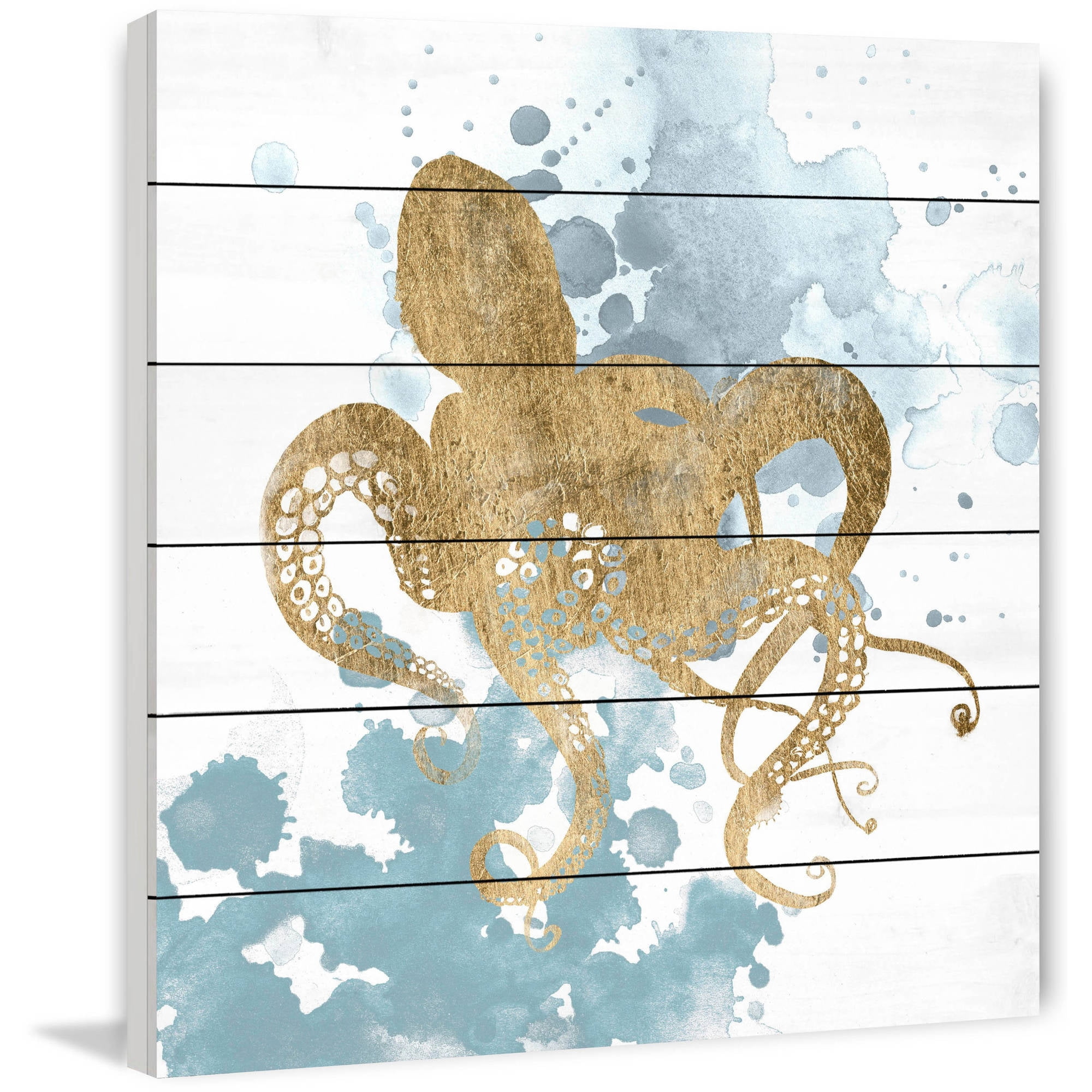 18" Square White Wood Octopus Painting Print with Gold Accents