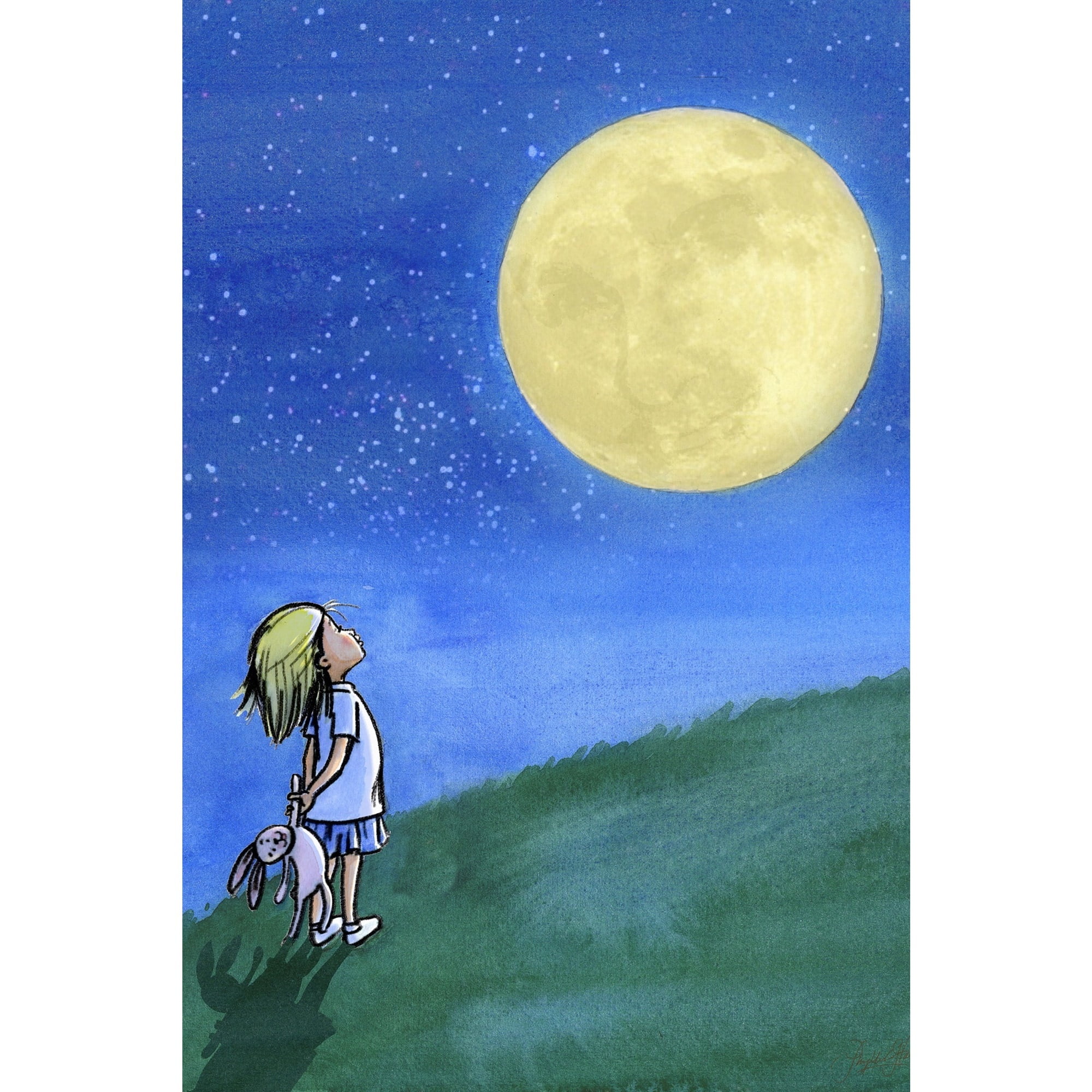 Girl Gazing at Moon Blue and Yellow Canvas Art for Kids