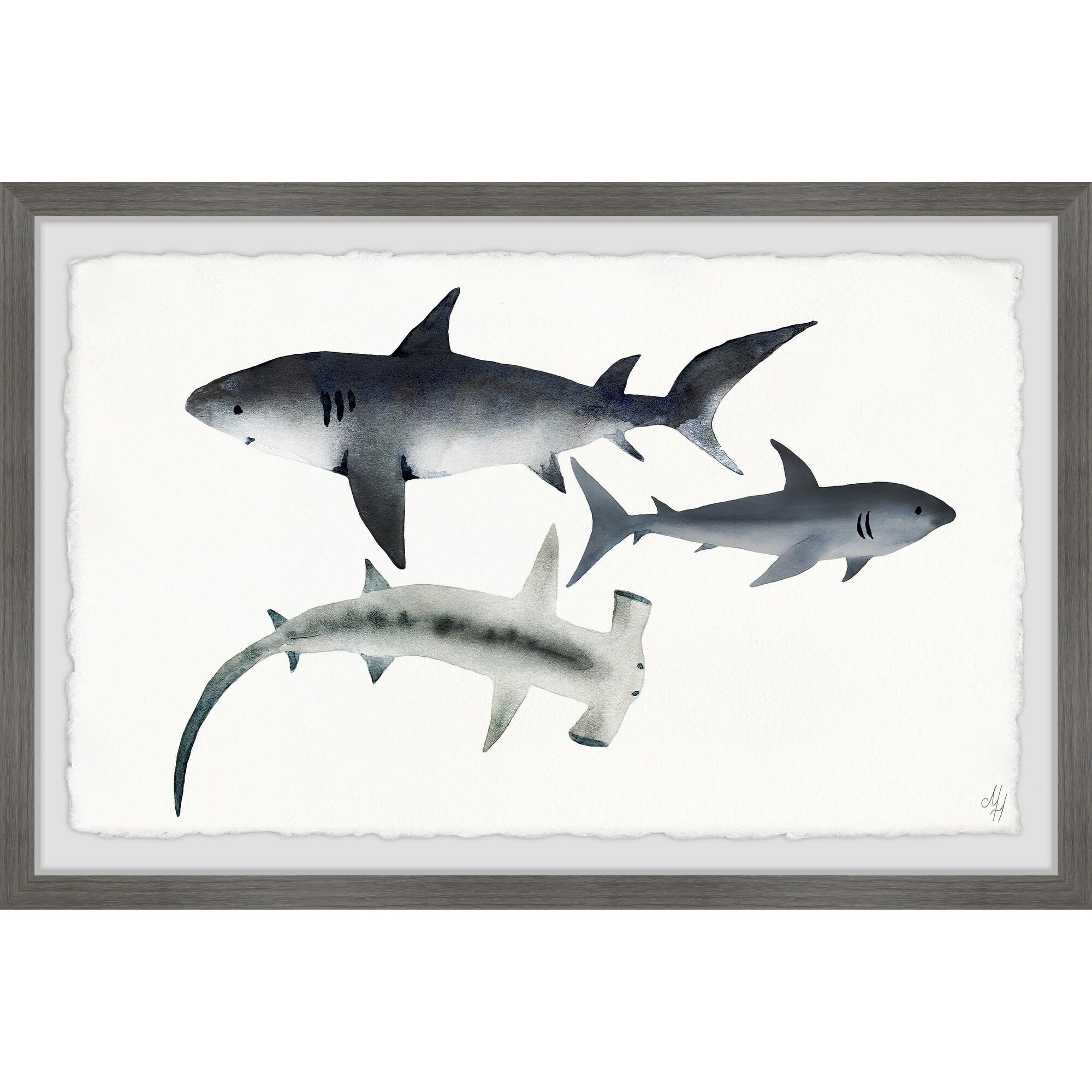 Marmont Hill Gray Sharks Framed Wall Art, 24.00" x 1.50"