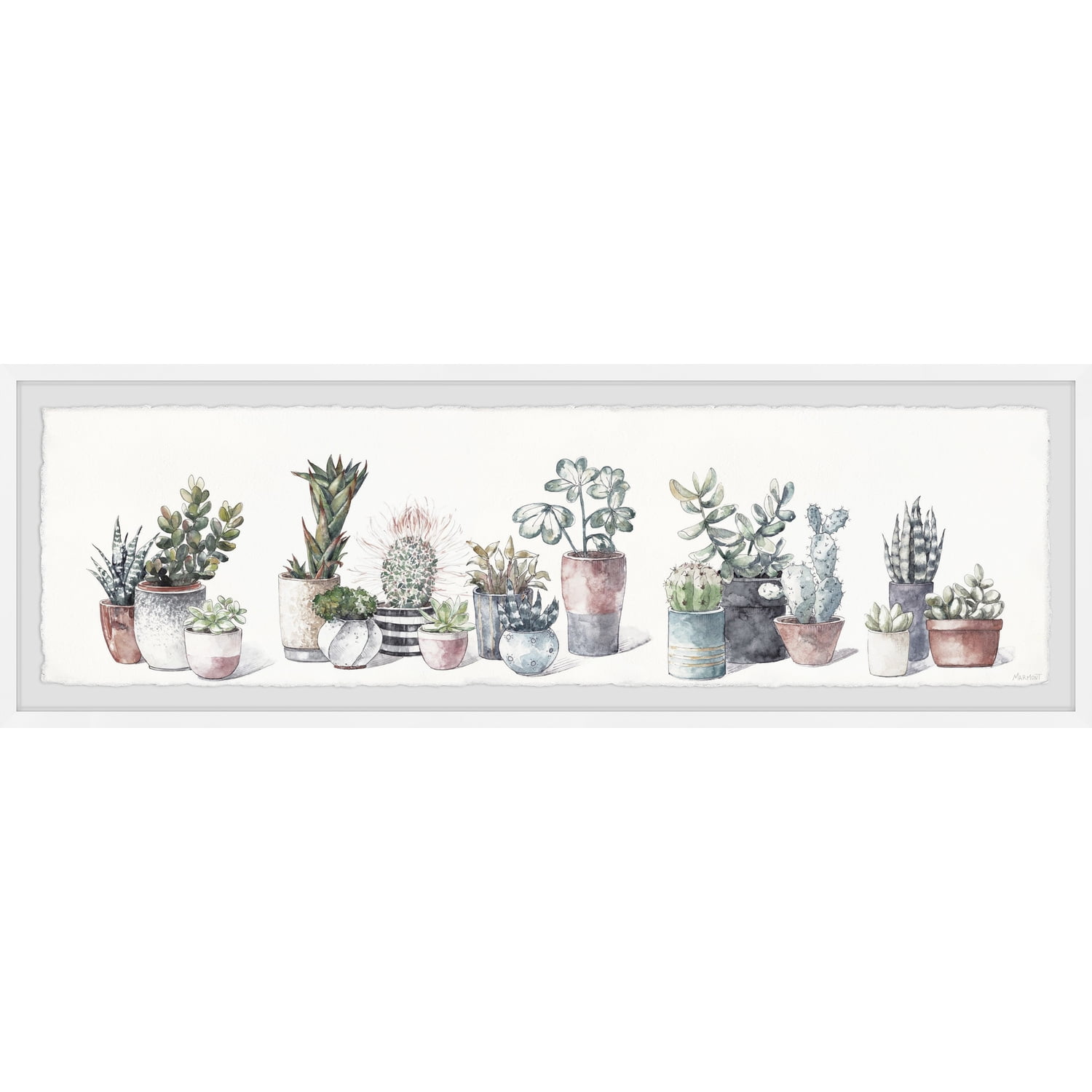 Serene Green Potted Plants Watercolor Print in White Frame