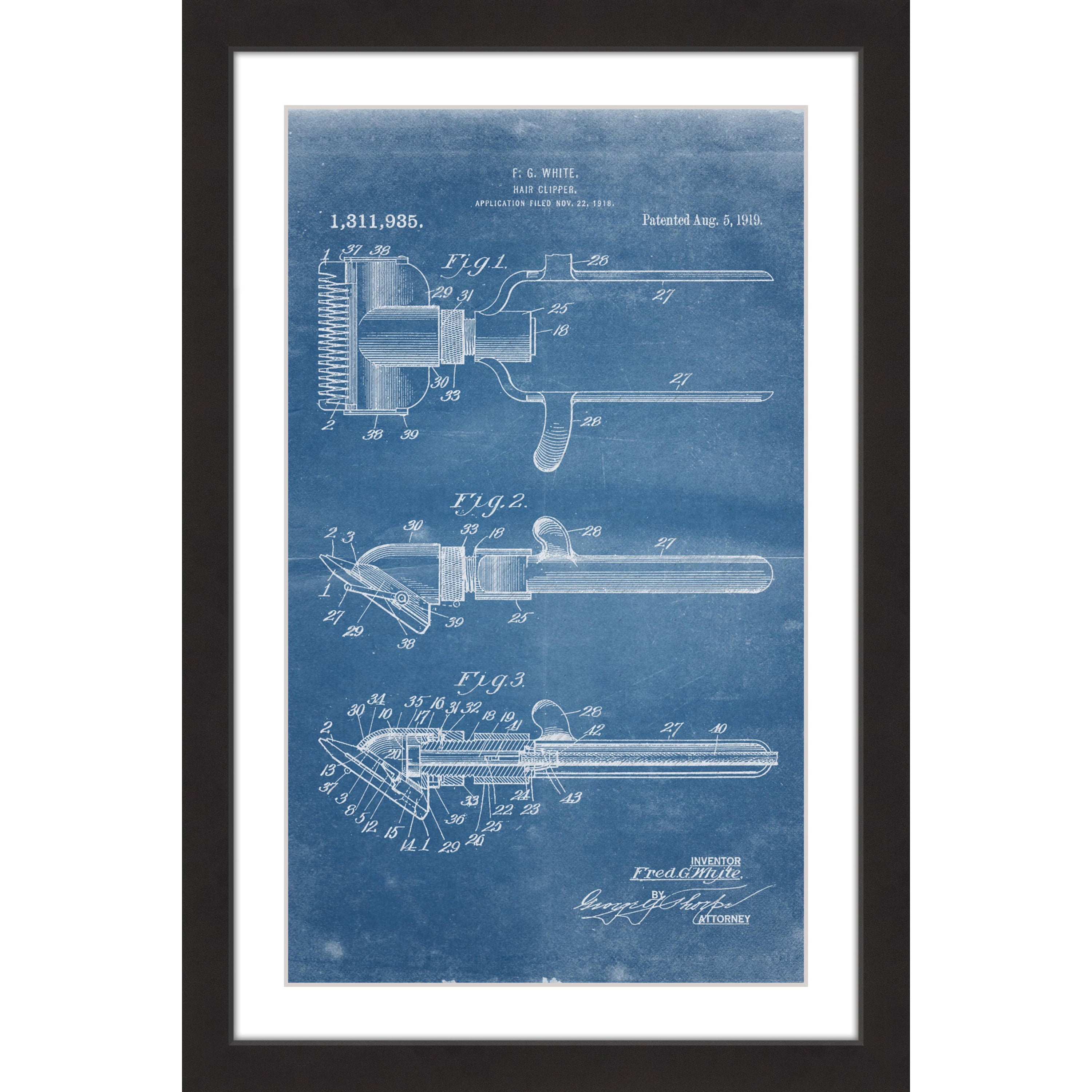 Marmont Hill - "Hair Clipper 1919 Blueprint" by Steve King Framed Painting Print