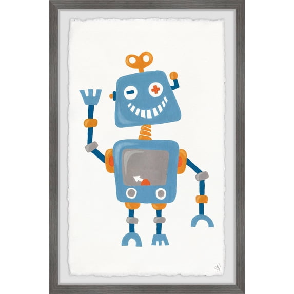 Marmont Hill Happy Blue Robot Framed Wall Art, 12.00" x 1.50"