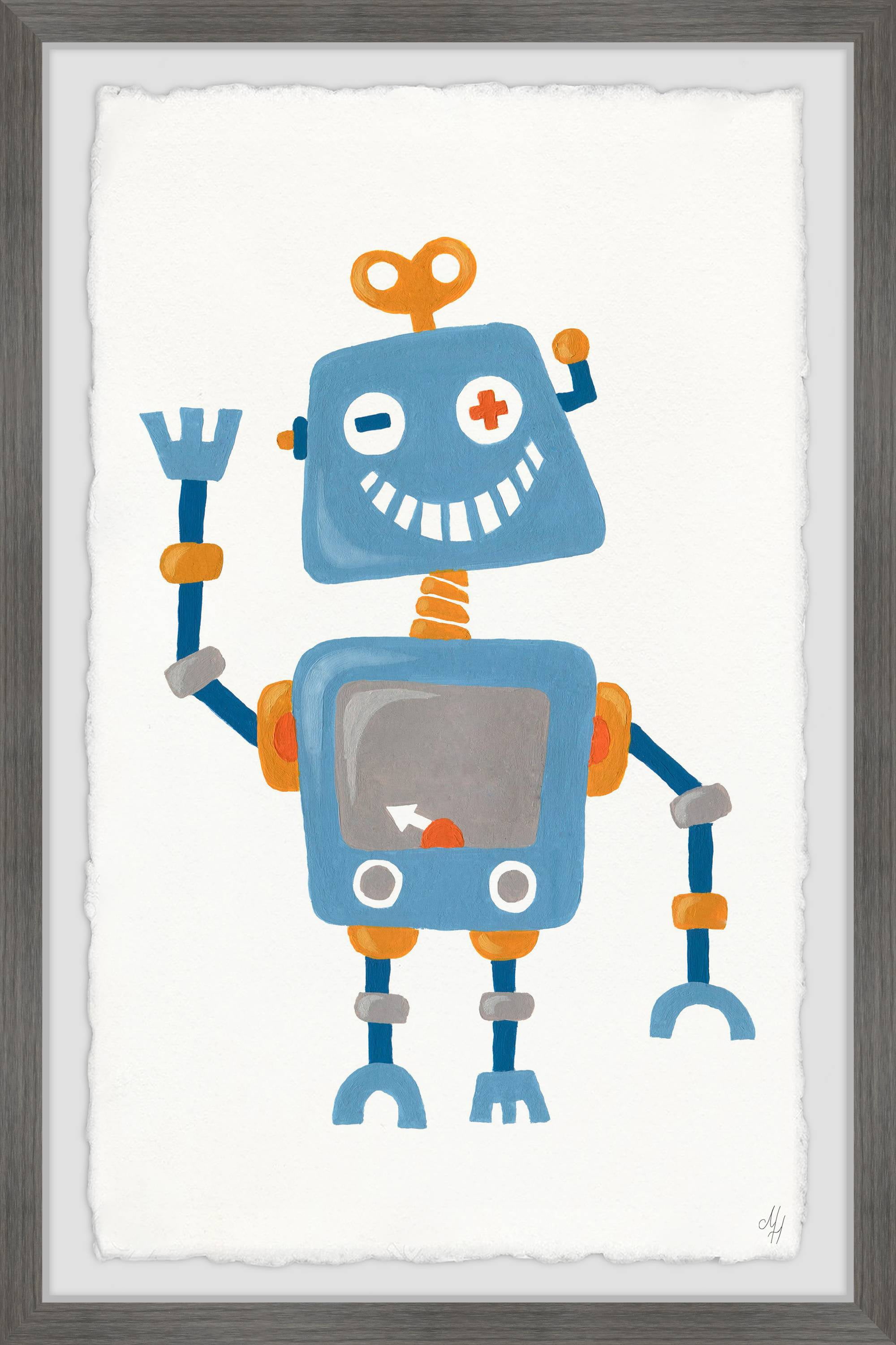 Marmont Hill Happy Blue Robot Framed Wall Art, 24.00" x 1.50"