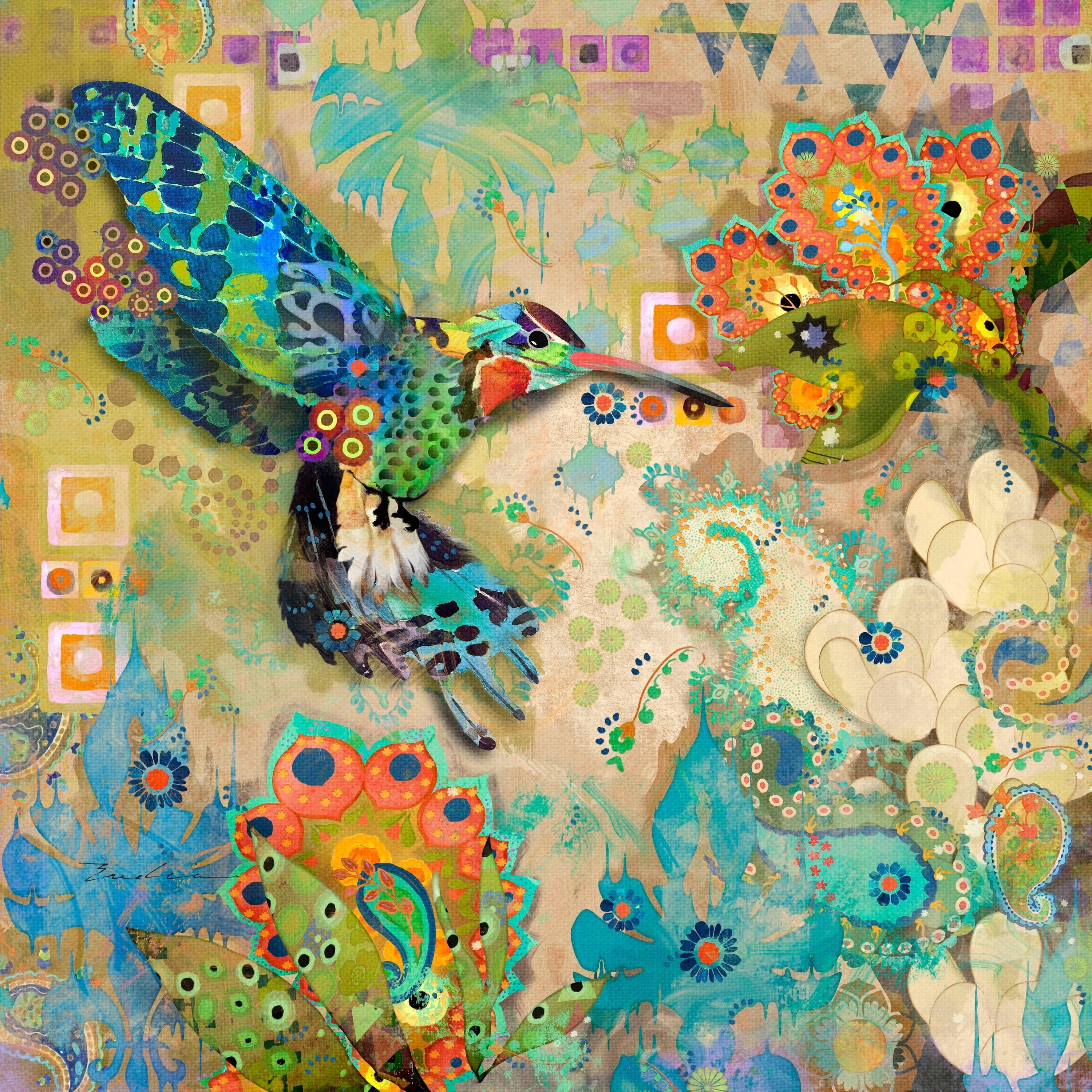 Vibrant Hummingbirds Canvas Wall Art in Green and Blue