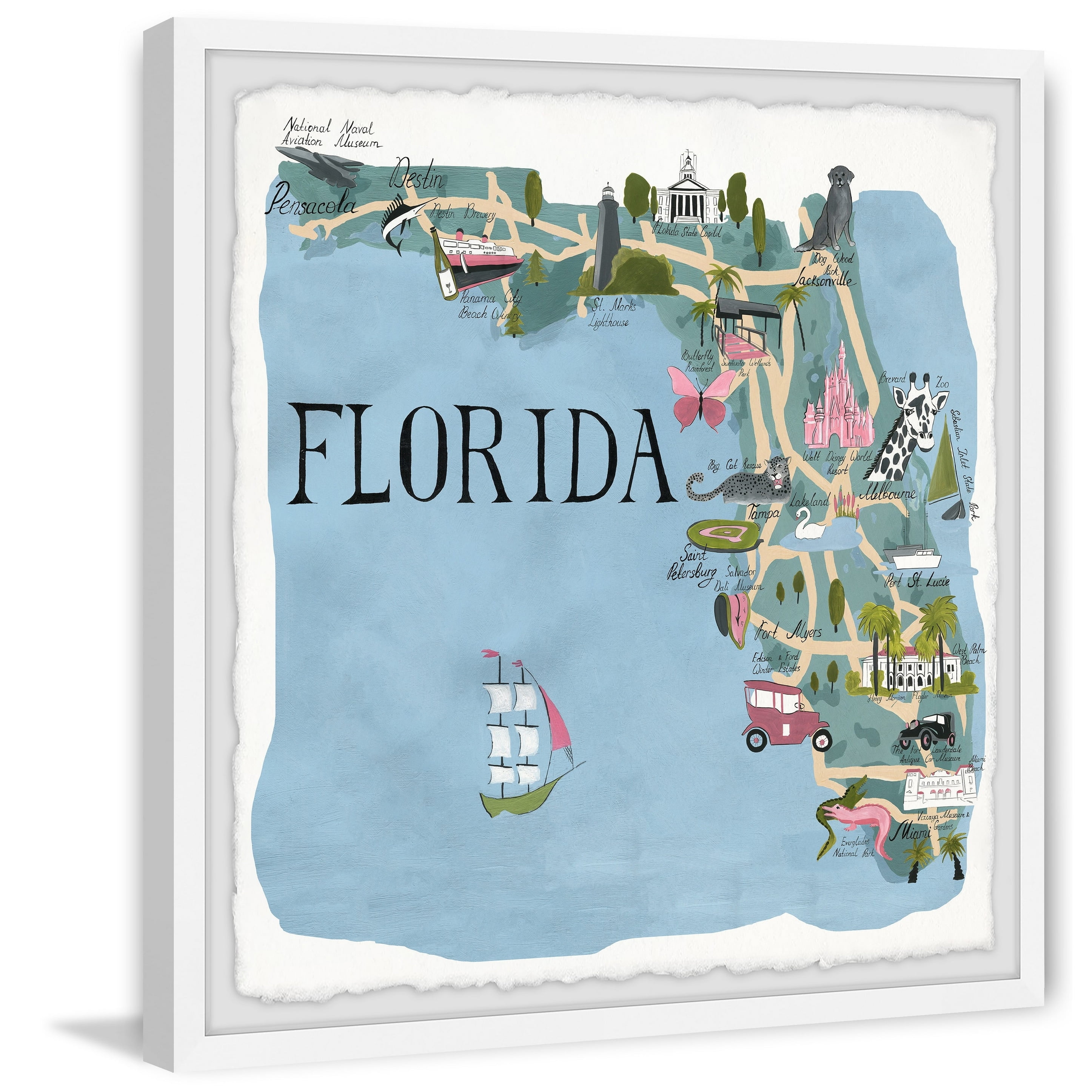 12" x 12" Blue and White Framed Illustrated Map of Florida