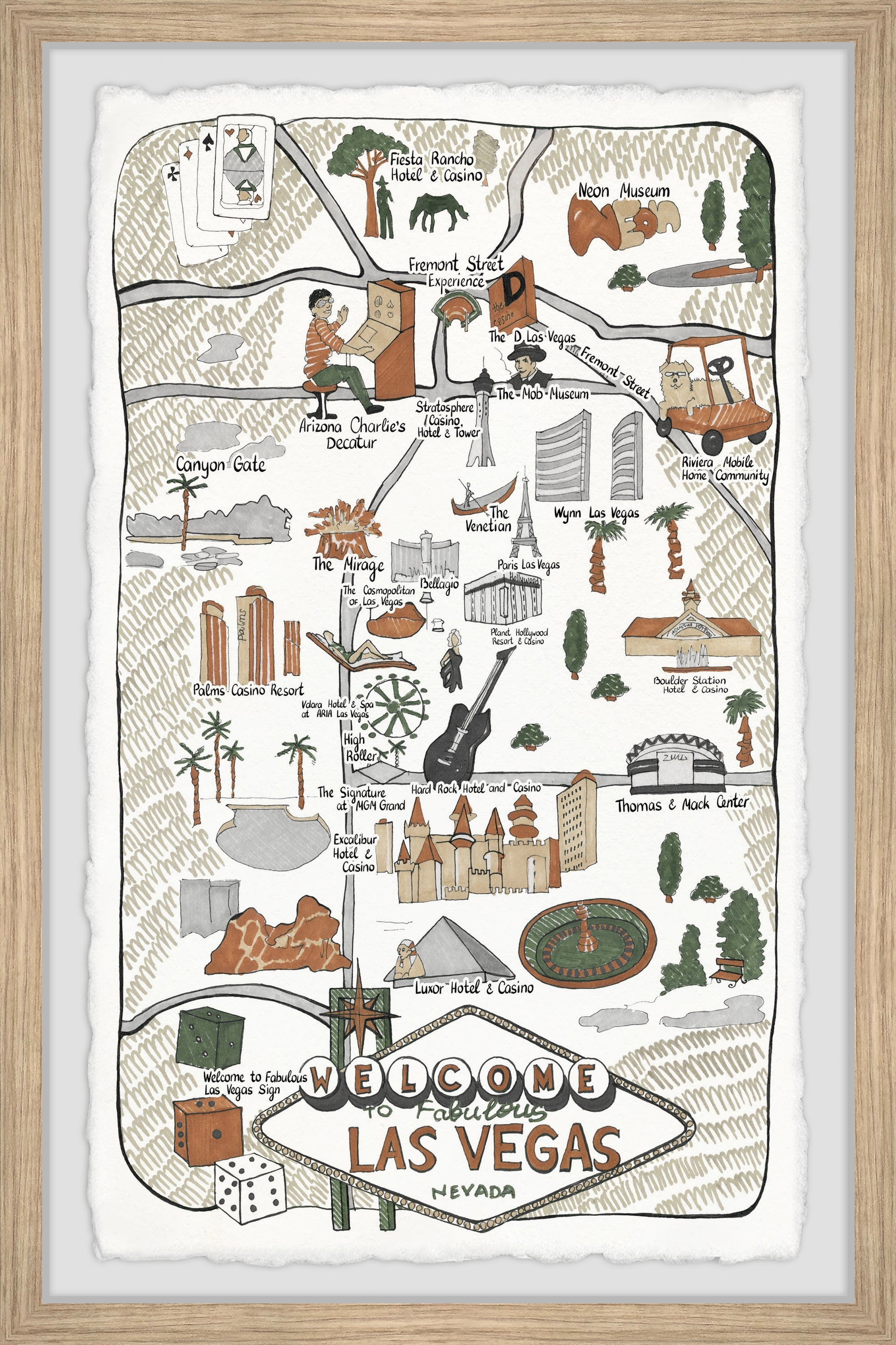 Marmont Hill Illustrated Map of Las Vegas Strip Framed Wall Art, 24 x 36
