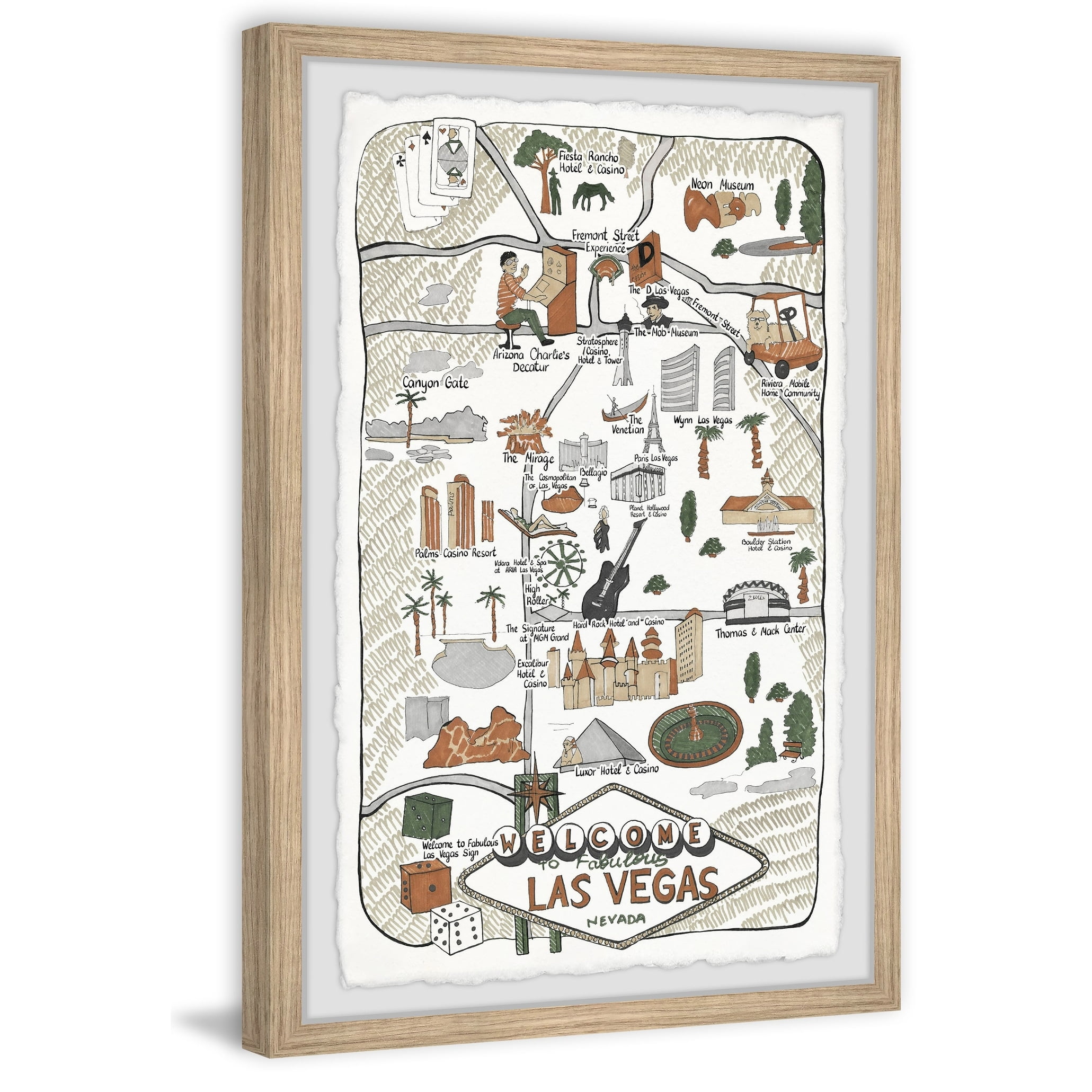 Marmont Hill Illustrated Map of Las Vegas Strip Framed Wall Art, 30" x 45"