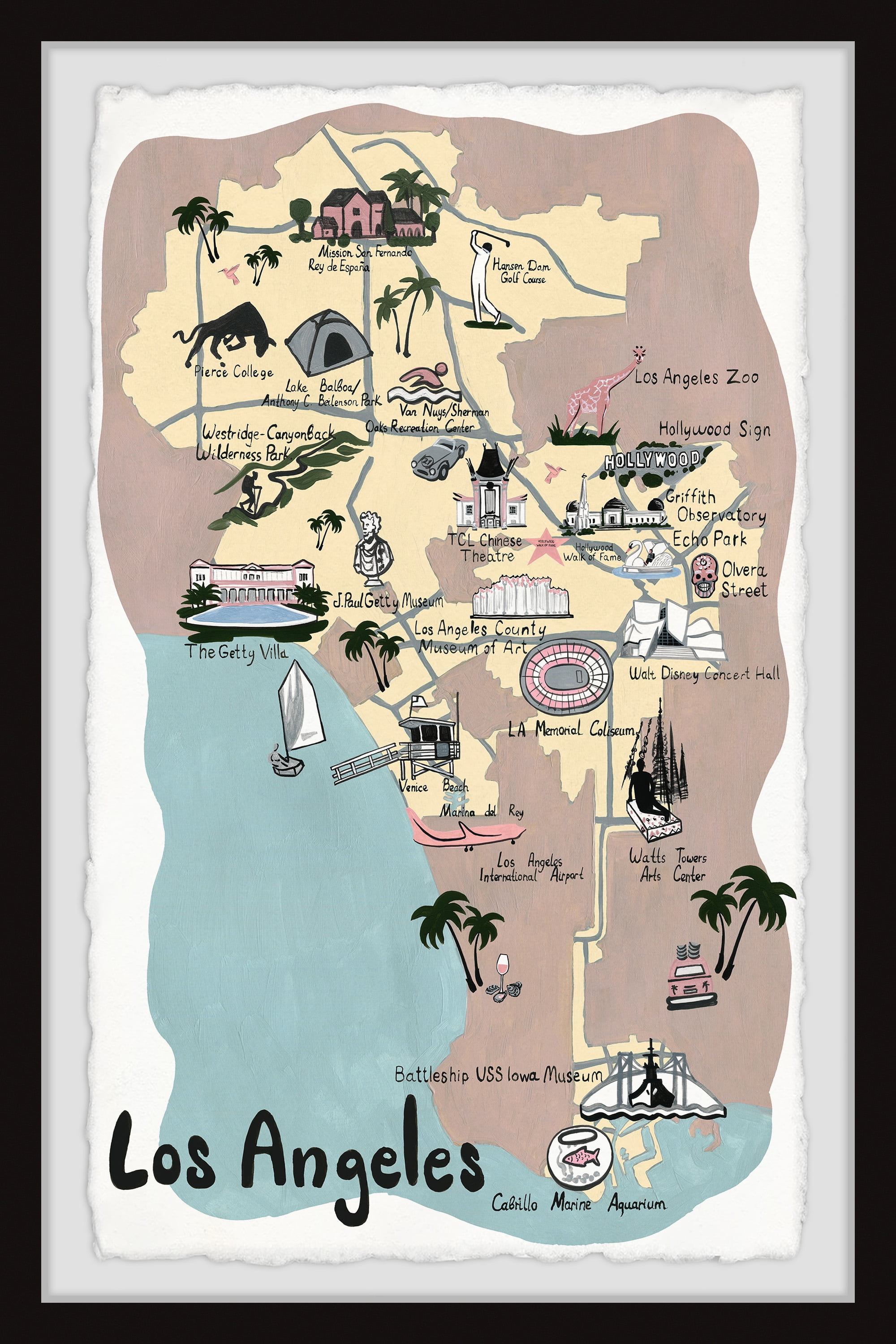 Marmont Hill Illustrated Map of Los Angeles II Framed Wall Art, 20" x 30"