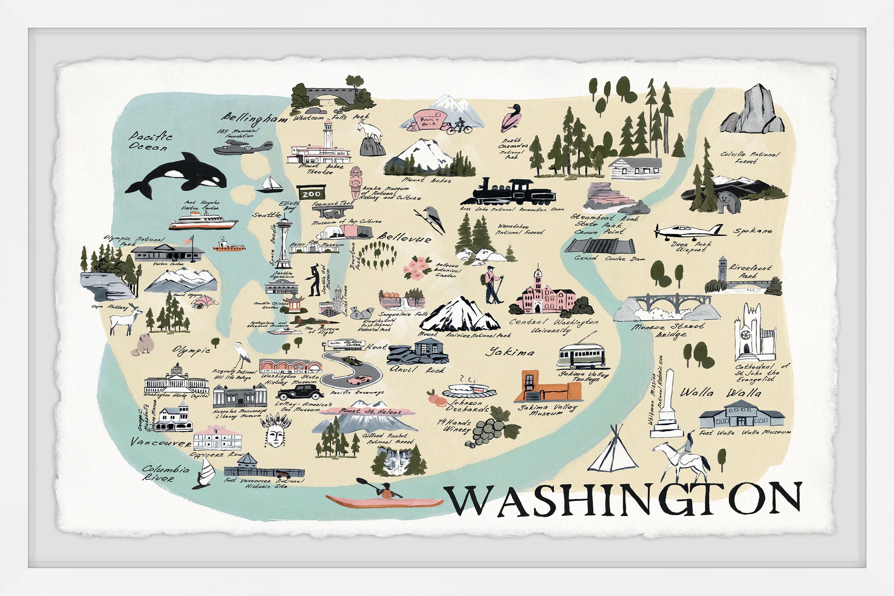 Marmont Hill Illustrated Map of Washington Framed Wall Art, 16" x 24"