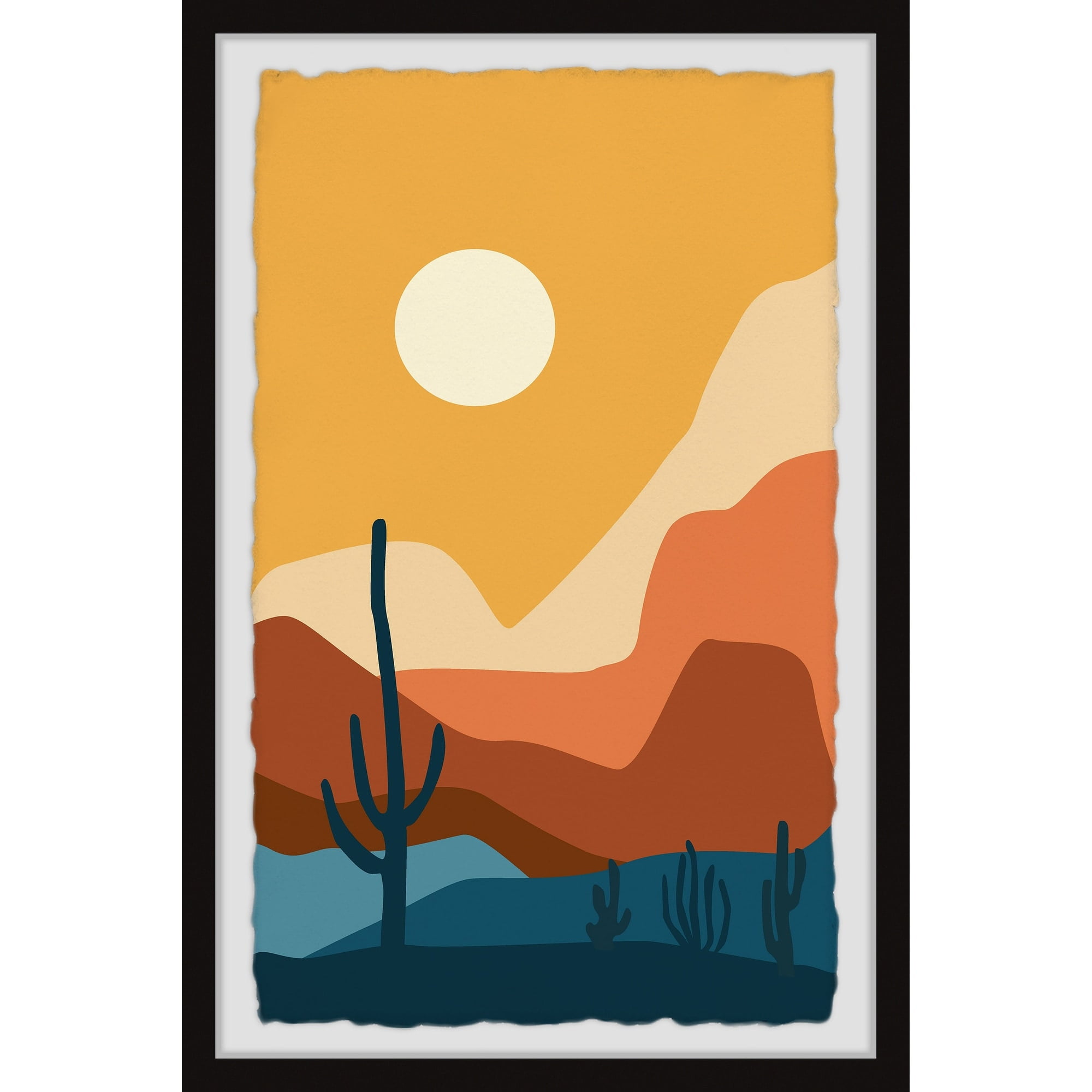 Desert Landscape Print with Cacti and Sun in Black Frame