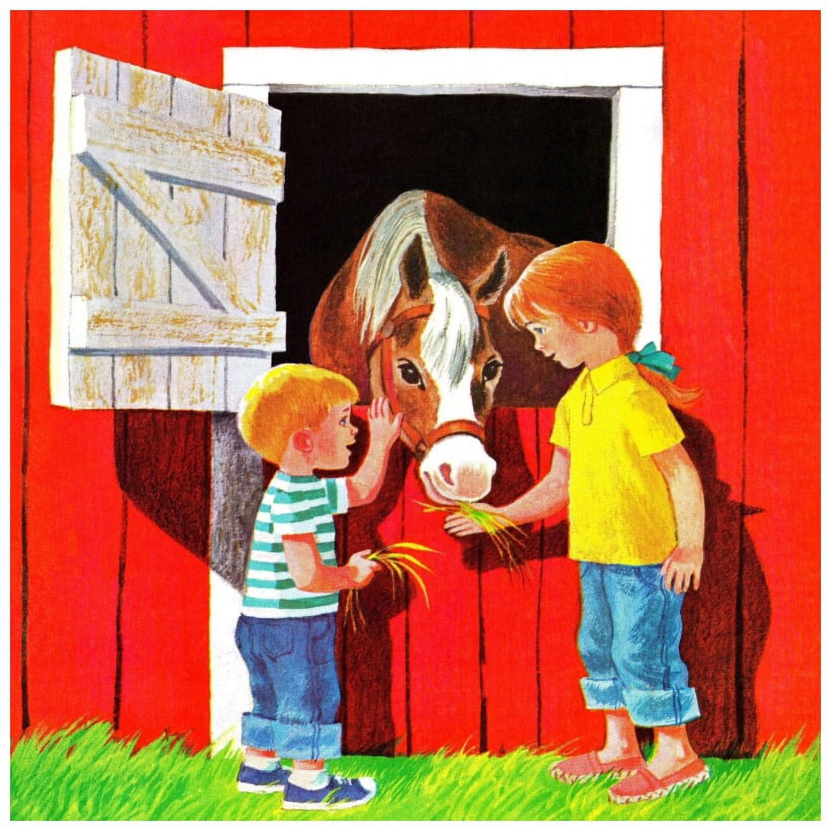 Red Canvas Print of Kids Feeding Horse for Nursery, 18" x 18"