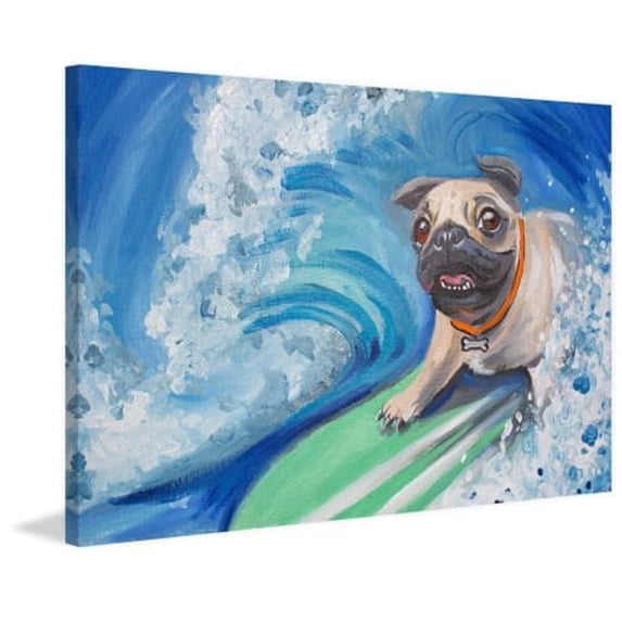 Surfing Pug Painting Print on Wrapped Canvas
