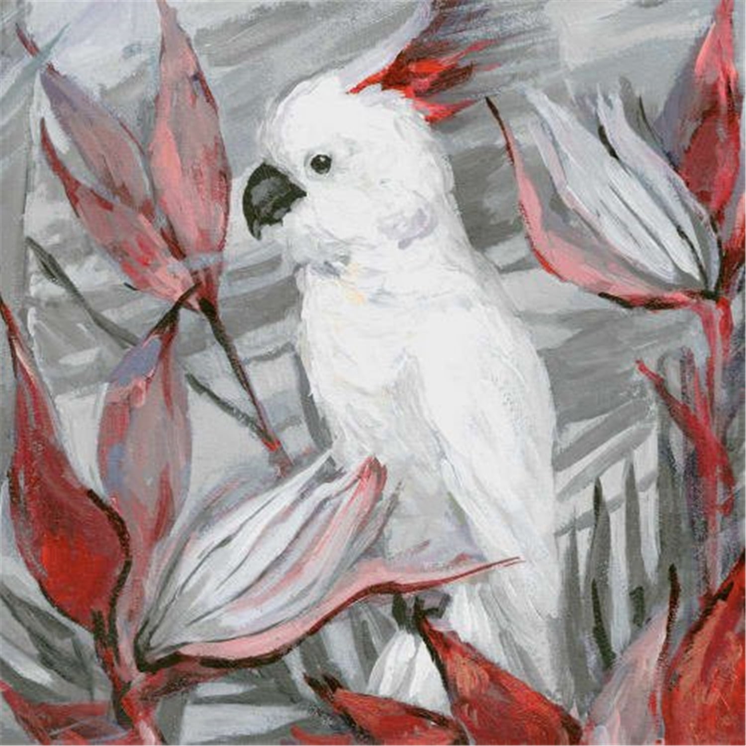 White Cockatoo II 24" x 24" Canvas Painting with Red Accents