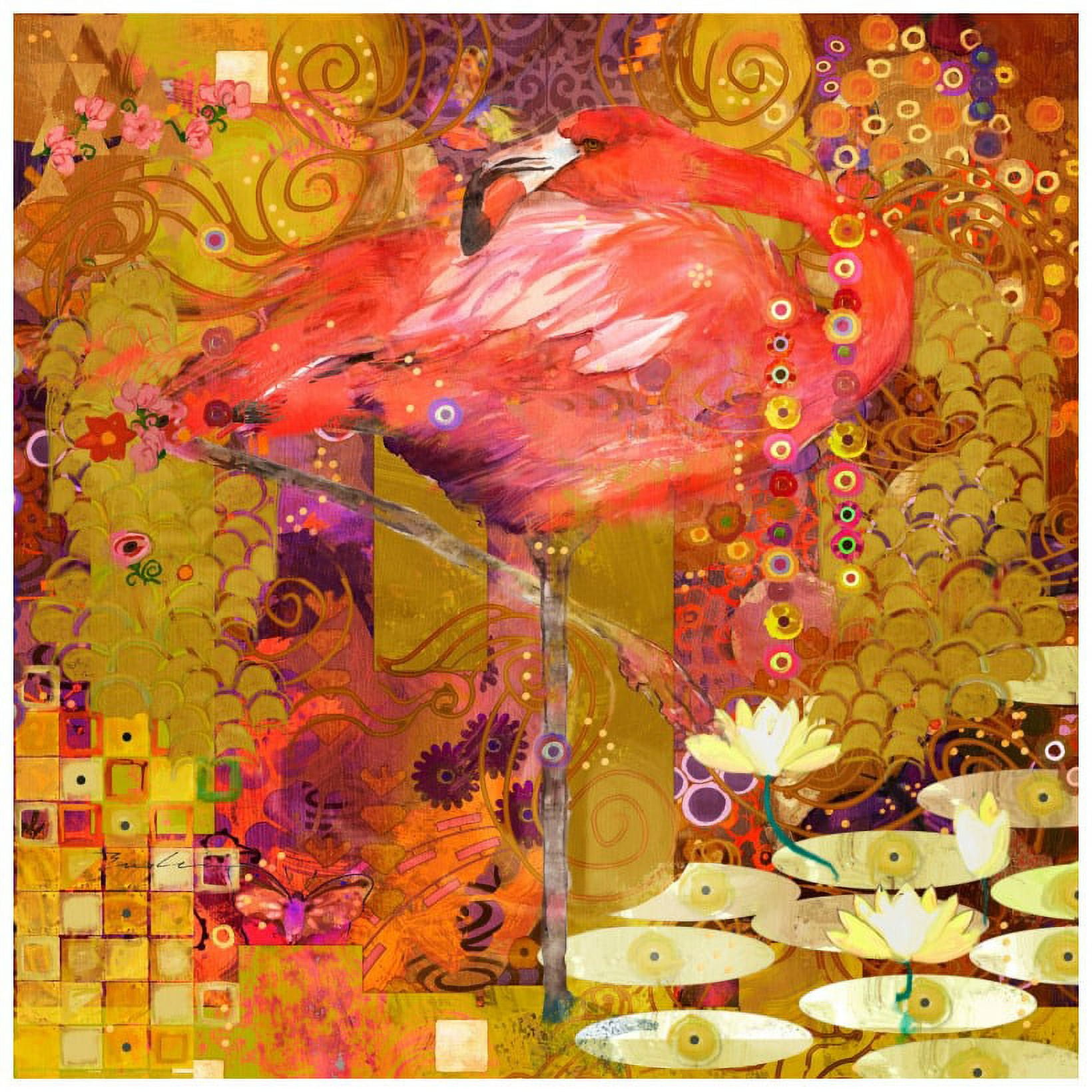 Large Pink Flamingo Canvas Art with Gold Accents