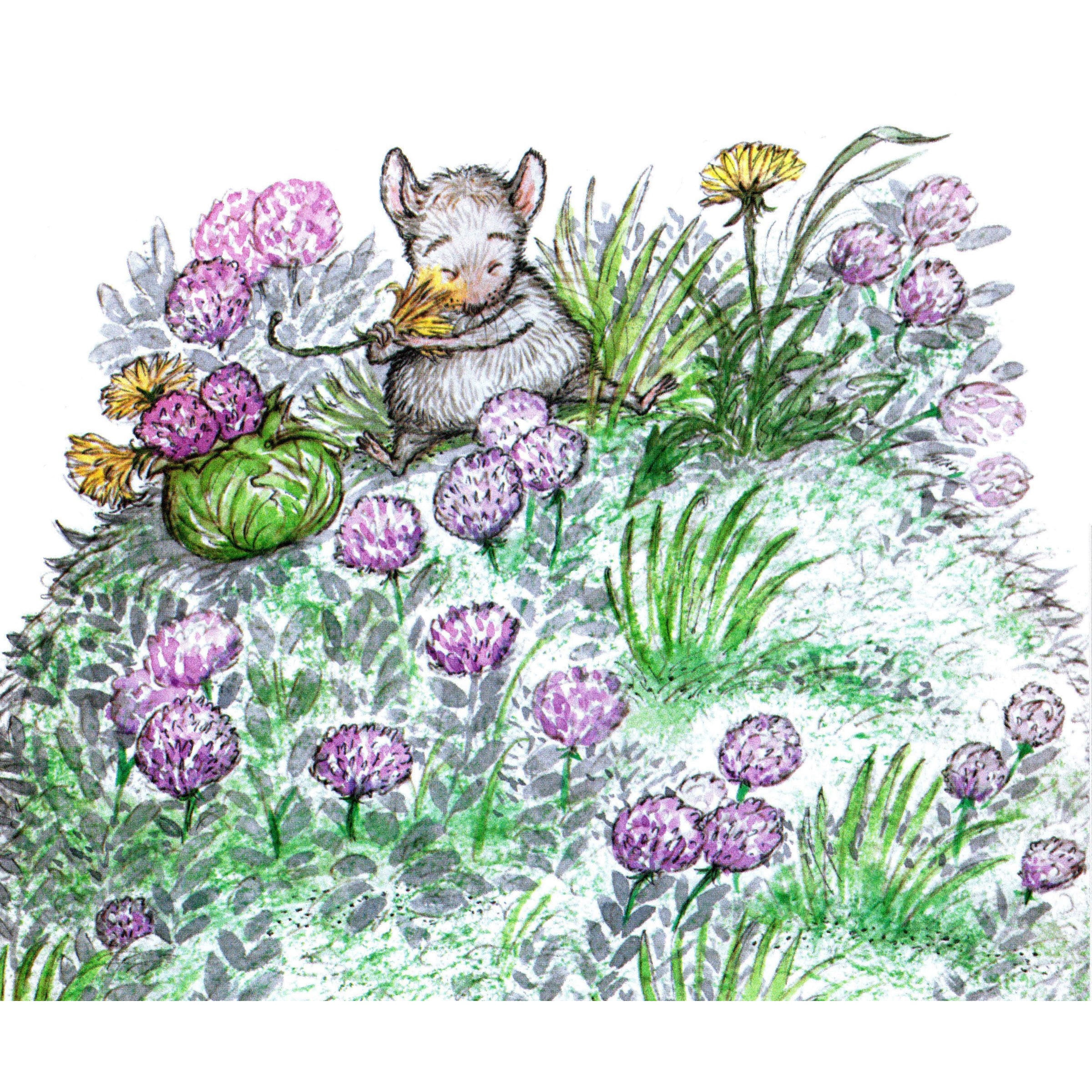 Marmont Hill "Mouse and Purple Flowers" by Curtis Painting Print on Canvas