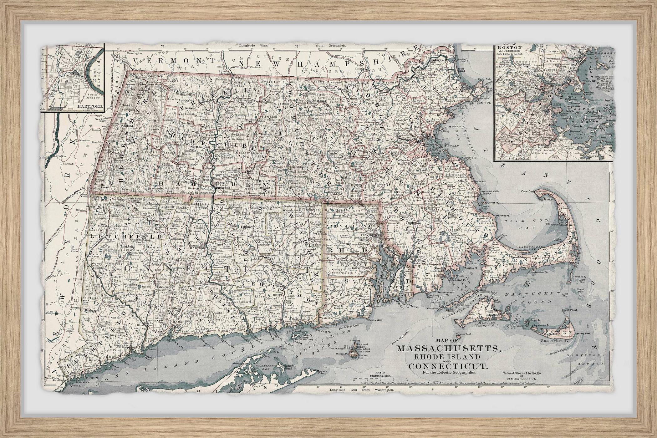 Marmont Hill Old Map of Massachusetts Framed Wall Art, 1.50" x 36.00"