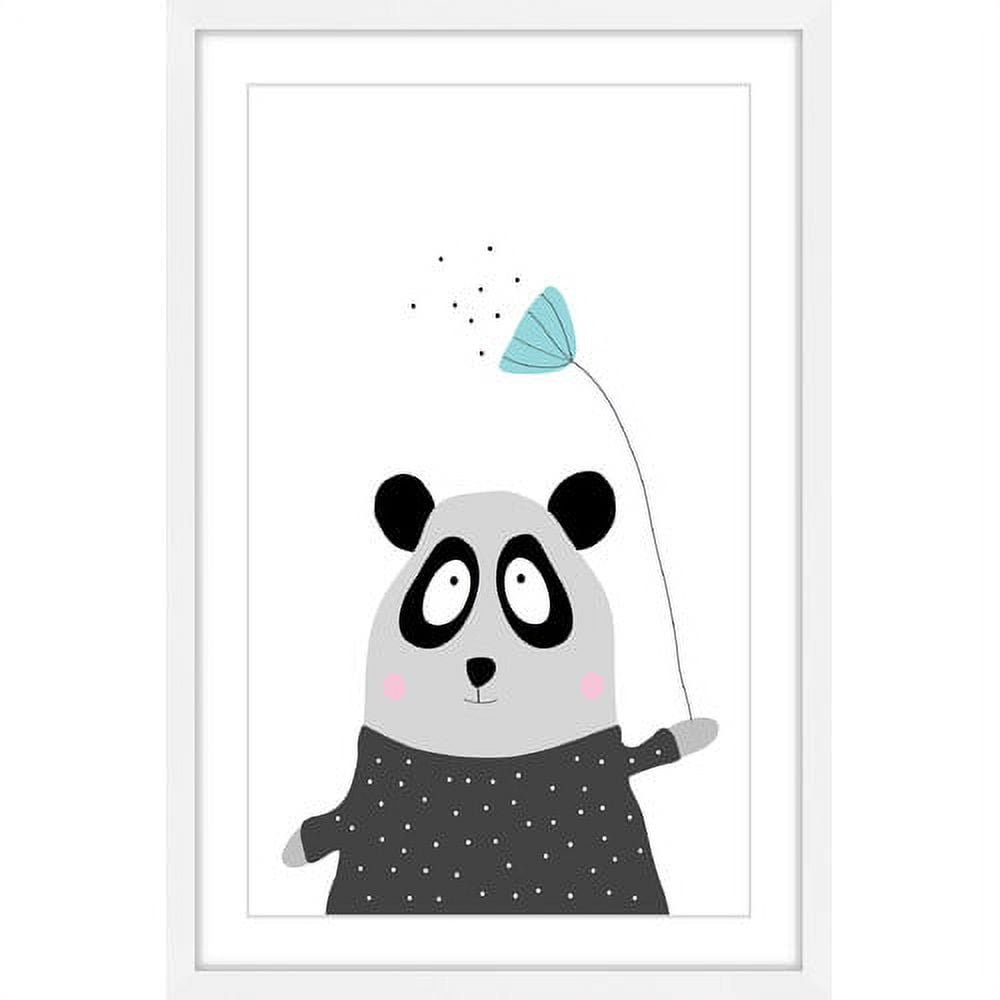 Whimsical Panda with Flower Canvas Print in White Frame