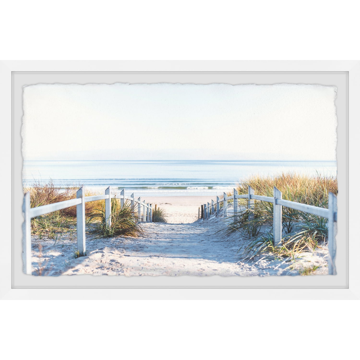 White Framed Coastal Landscape Print with Sandy Pathway, 12" x 8"