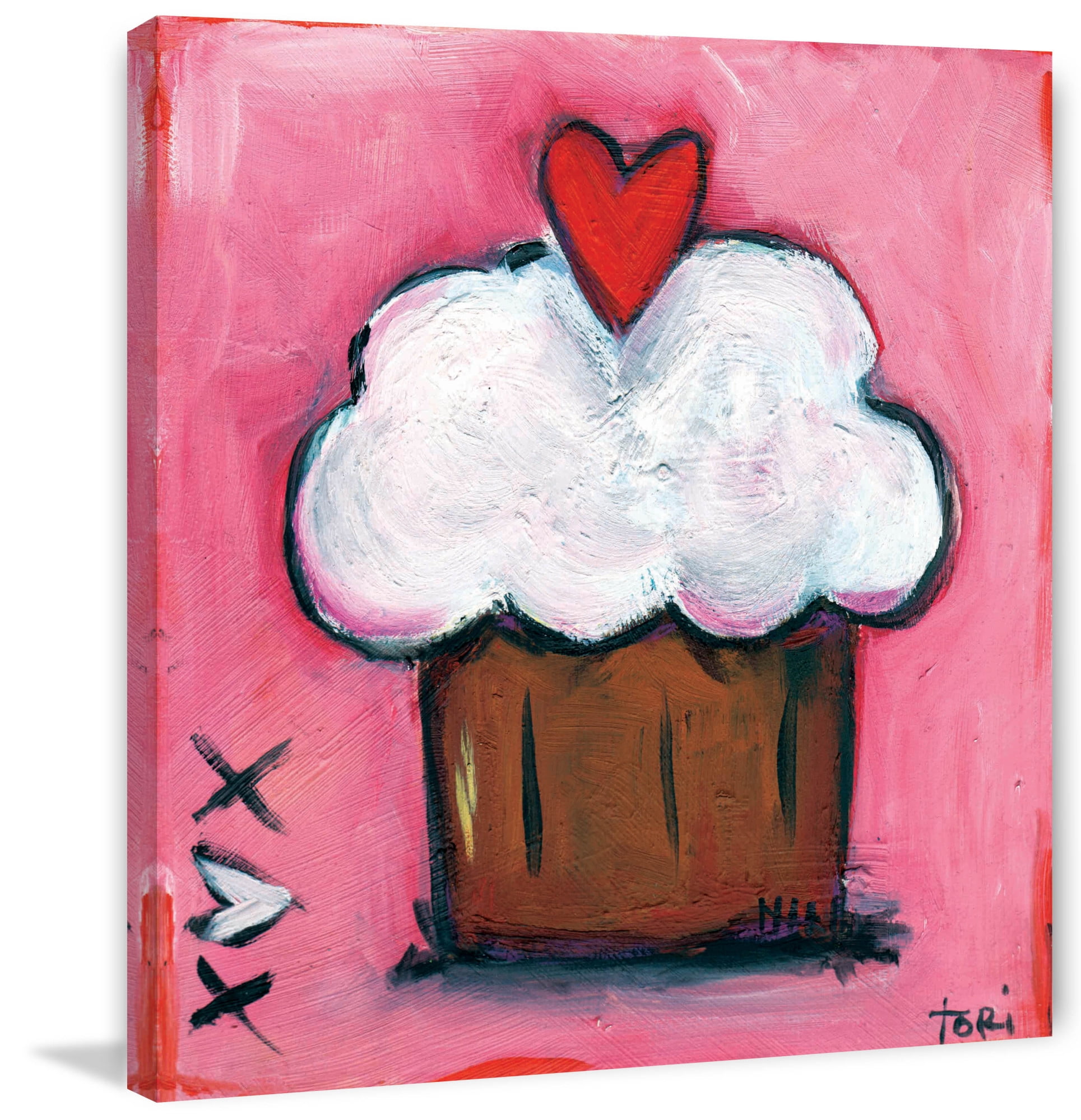 Marmont Hill "Pink Heart Cupcake" by Tori Campisi Painting Print on Canvas