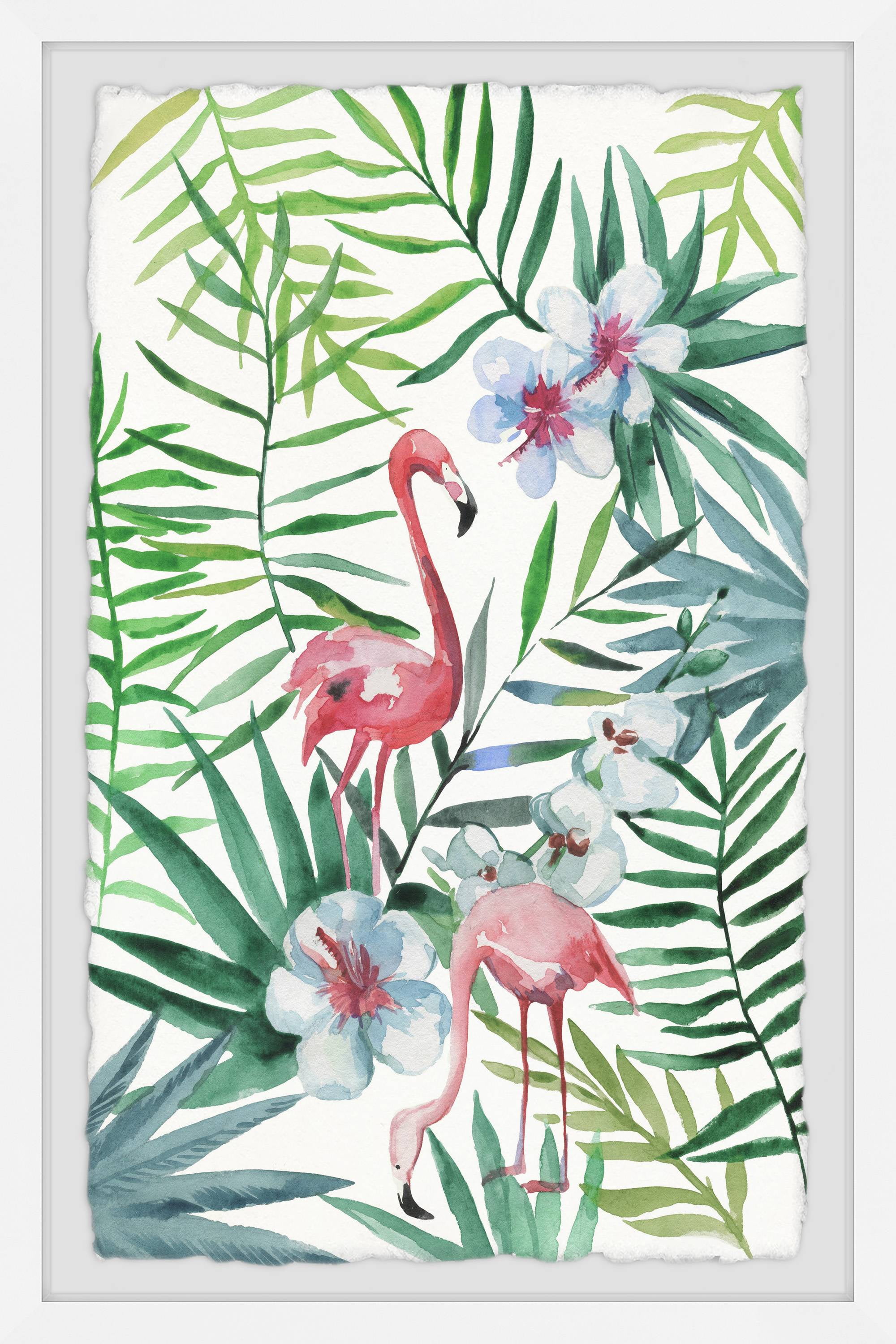 Pink Flamingos Tropical Canvas Print with White Frame