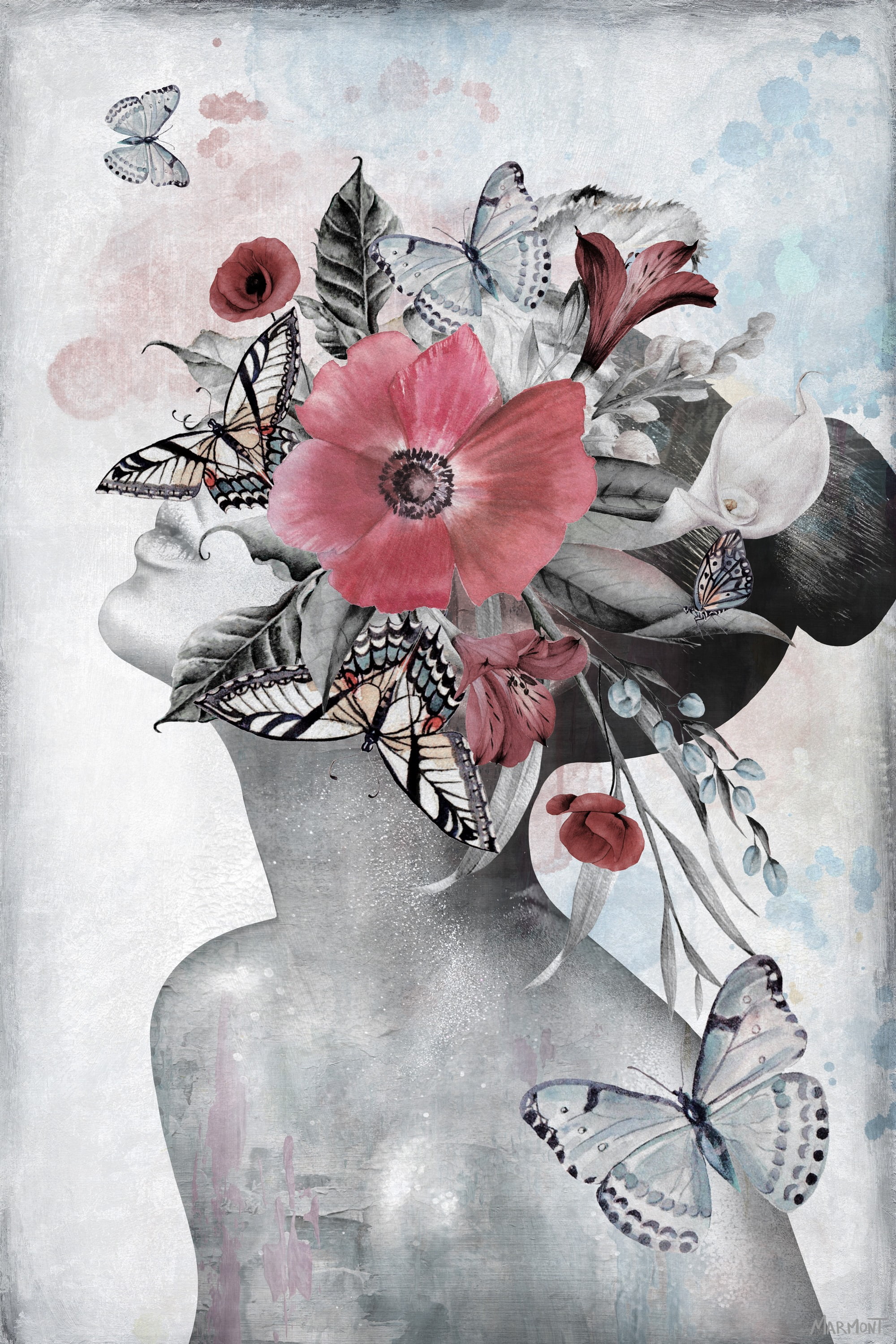 Gray and Red Floral Butterfly Canvas Print, 12" x 8"