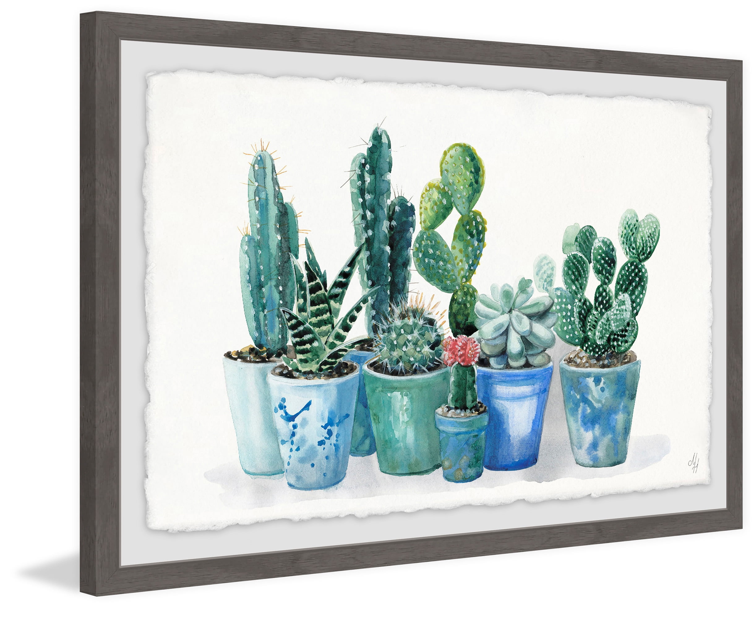 Hand-Framed Succulent Print in Blue Pots, 12" x 18"