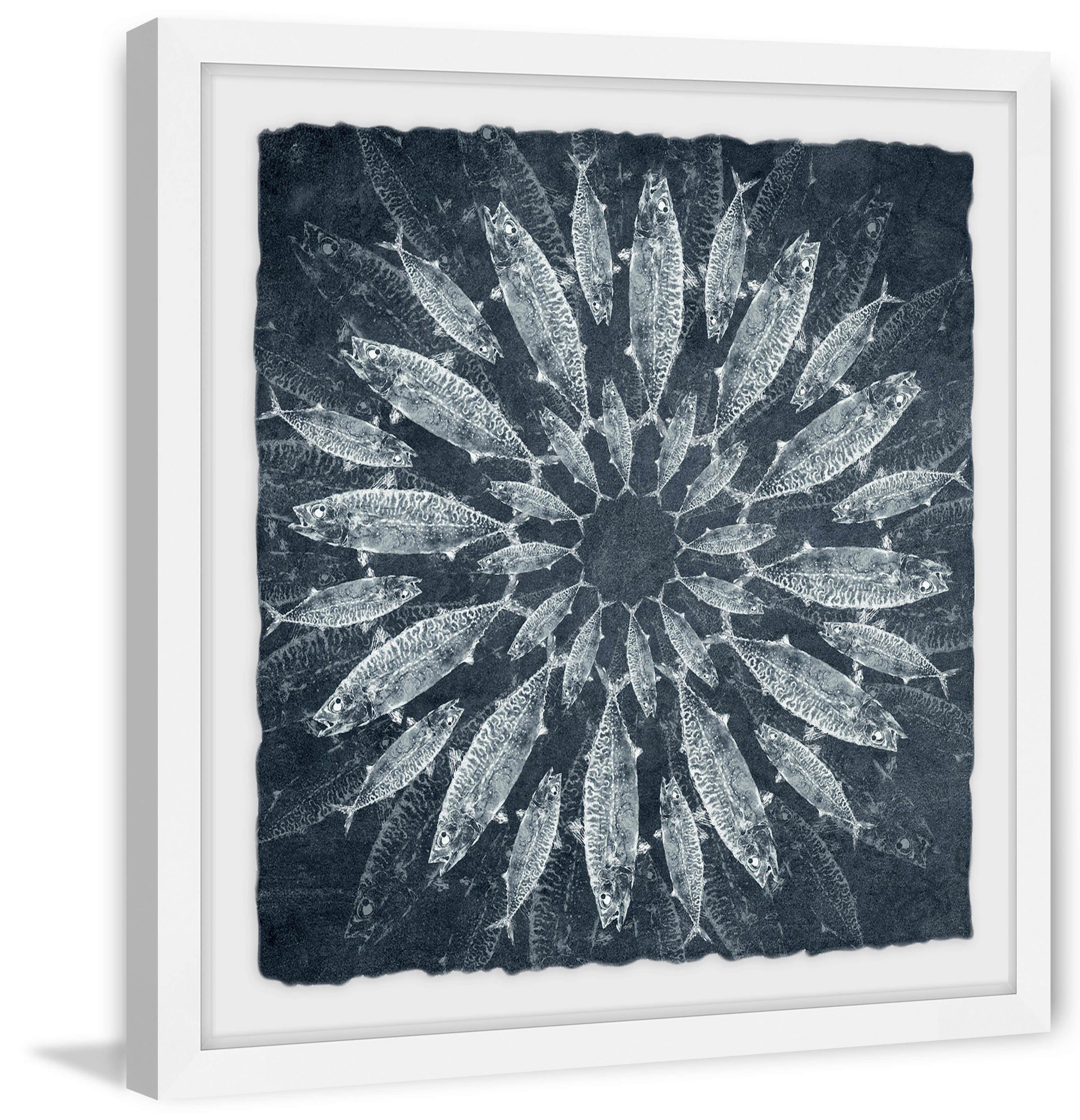 Navy Blue and White Fish Print on Canvas with White Frame