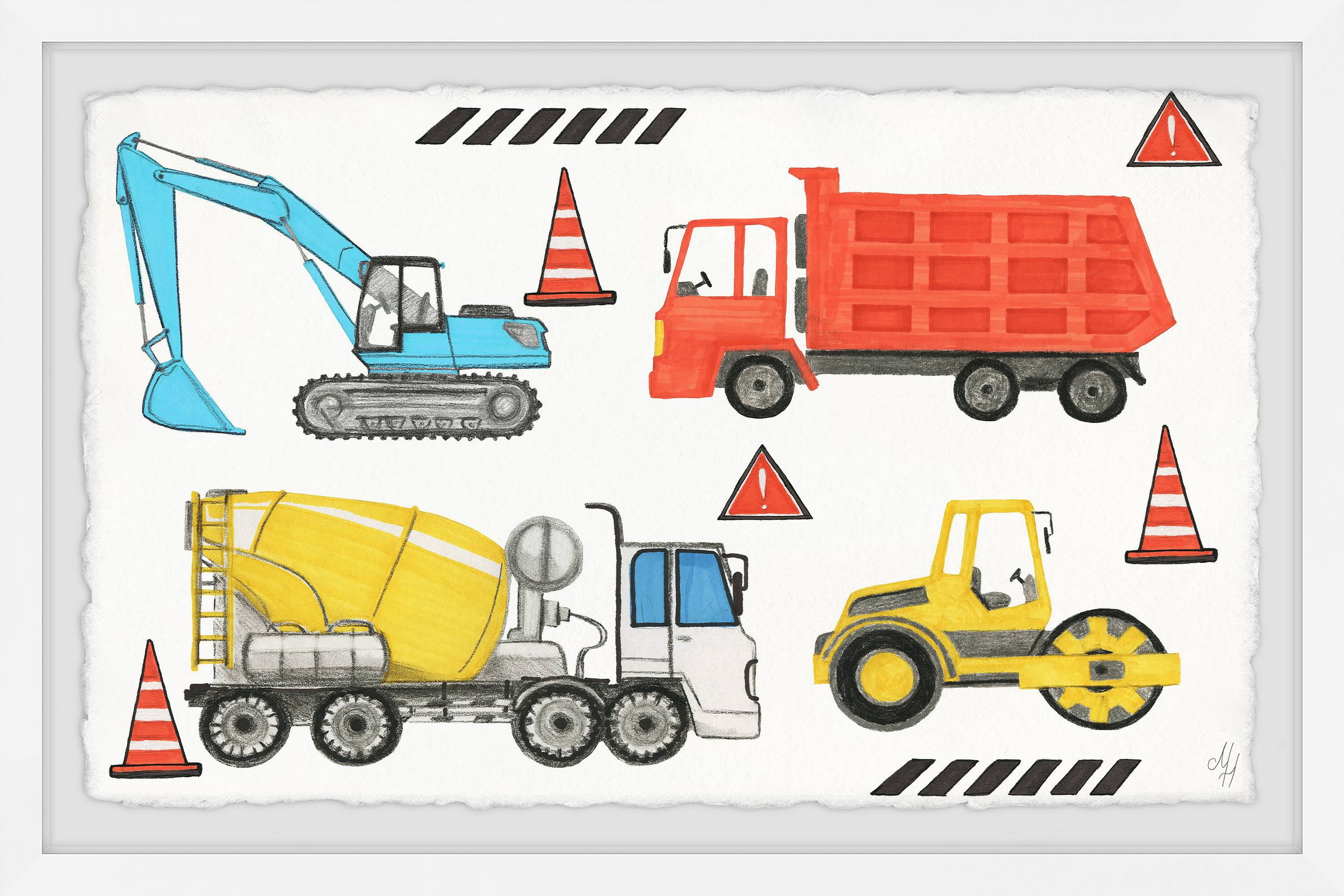 Marmont Hill Road Building Trucks Framed Wall Art, 30.00" x 1.50"