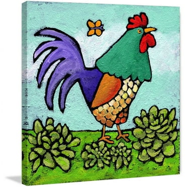 Marmont Hill - "Rooster and Butterfly" by Janet Nelson Painting Print on Wrapped Canvas