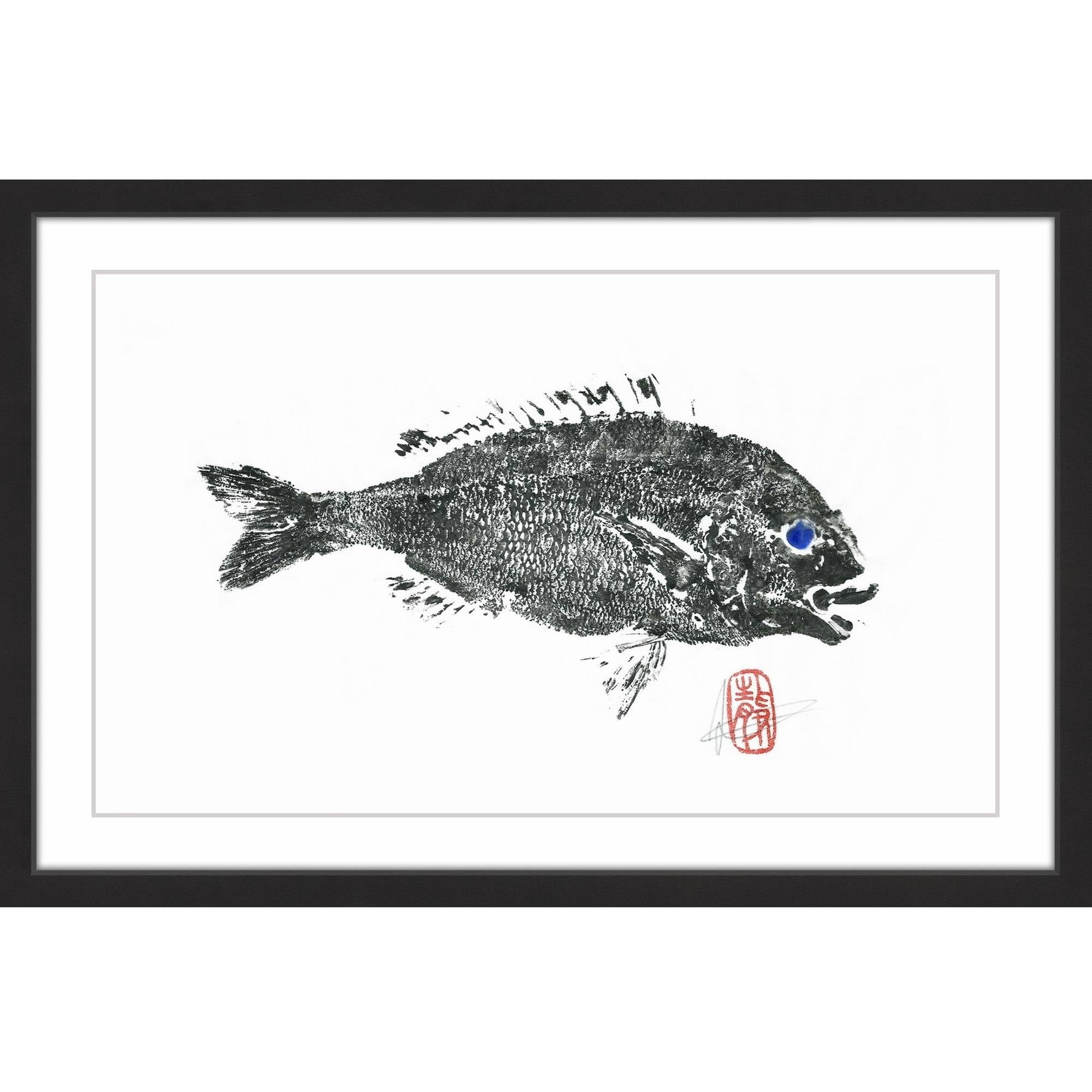 Large Black and White Framed Canvas Print of Fish