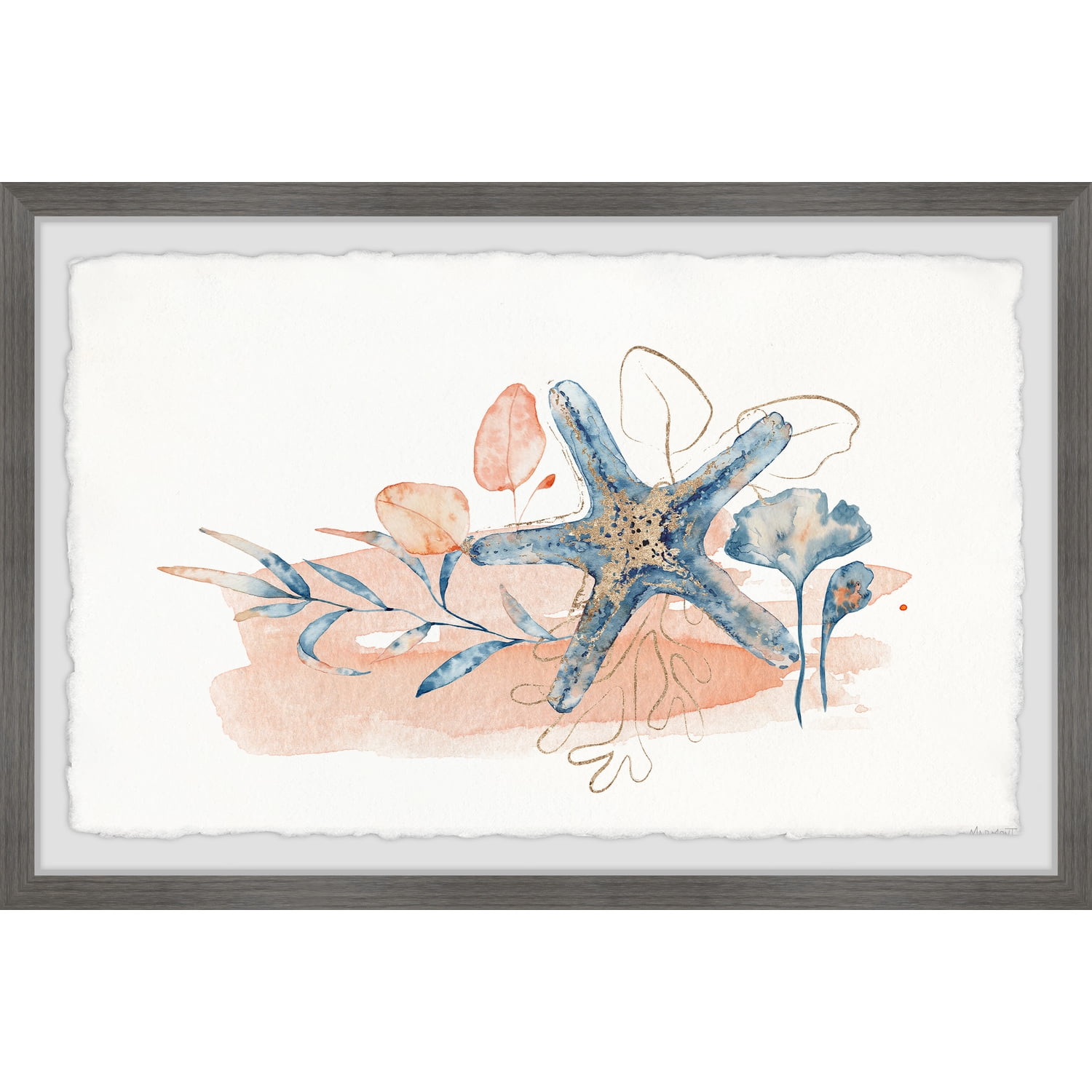 Blue Starfish and Coral Watercolor Framed Print, 12" x 8"