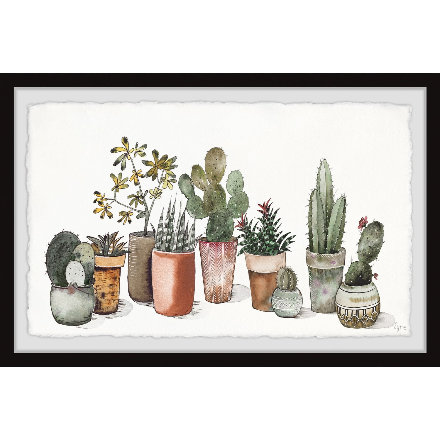 Succulent Garden Watercolor Print with Black Frame