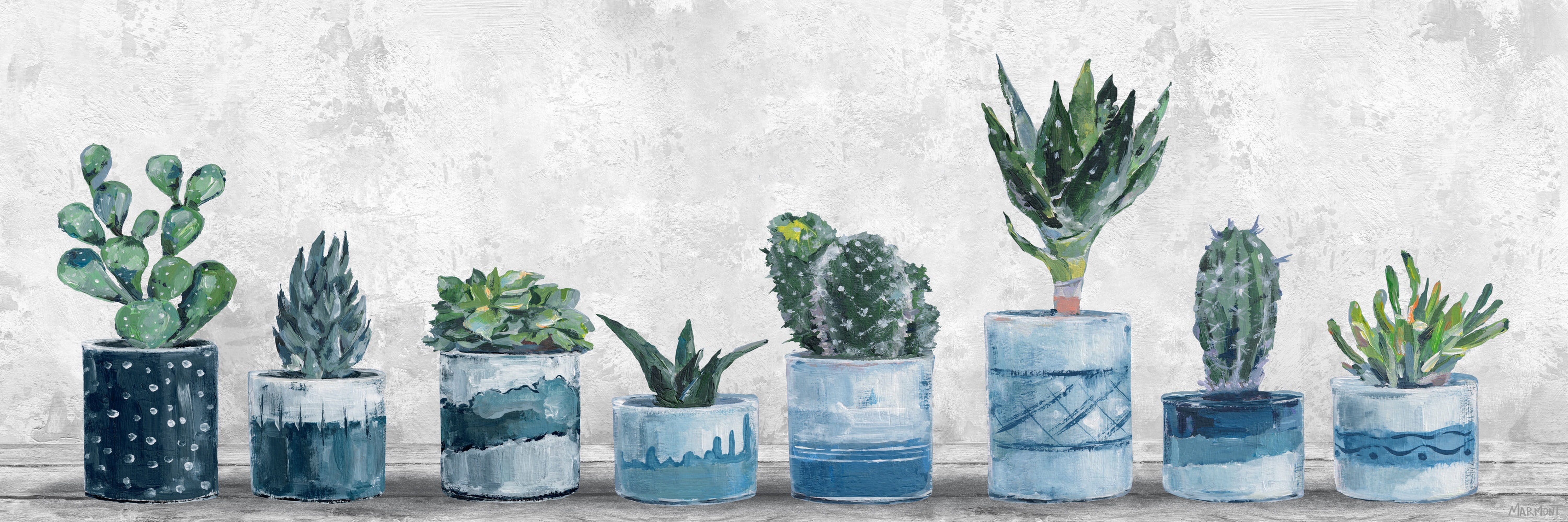 Succulents in Blue Pots Canvas Wall Art, 5" x 15"