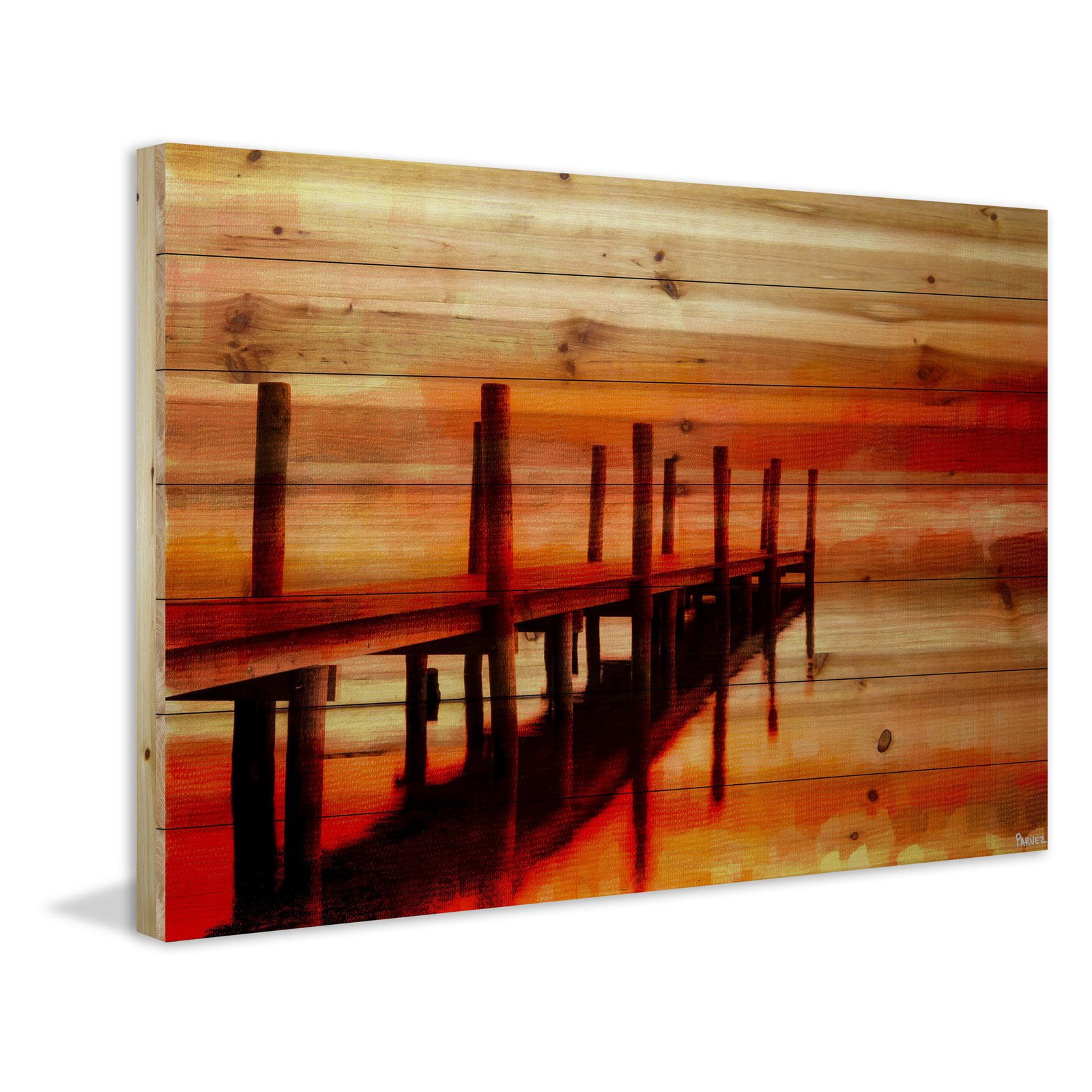 Marmont Hill Sunset Dock Painting Print on Natural Pine Wood Wall Art