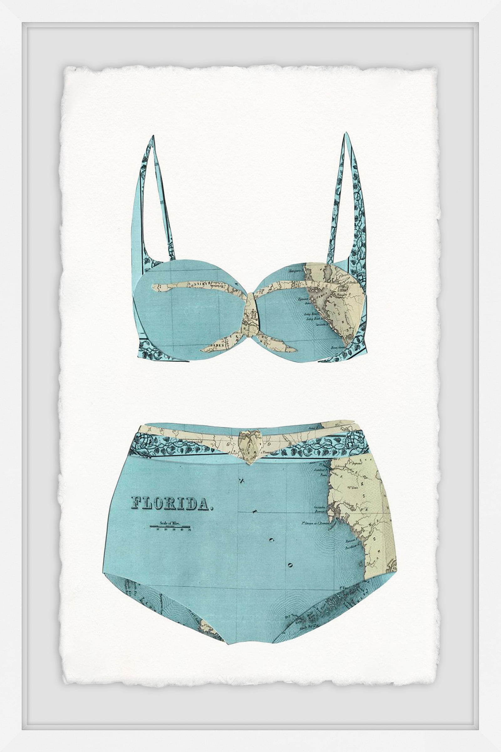 Teal Bikini Florida Map Framed Canvas Print, 12" x 8"