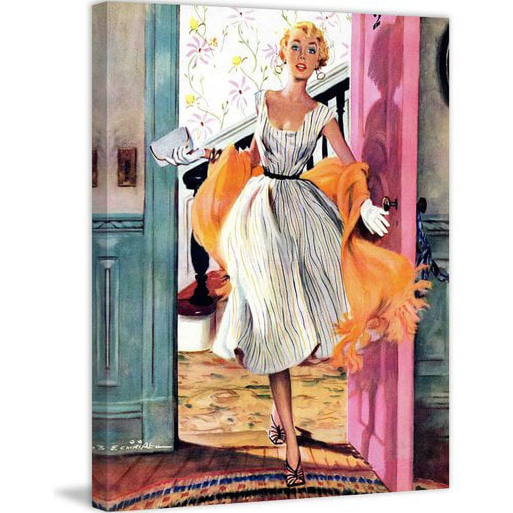 Elegant Lady in Striped Dress Canvas Art Print